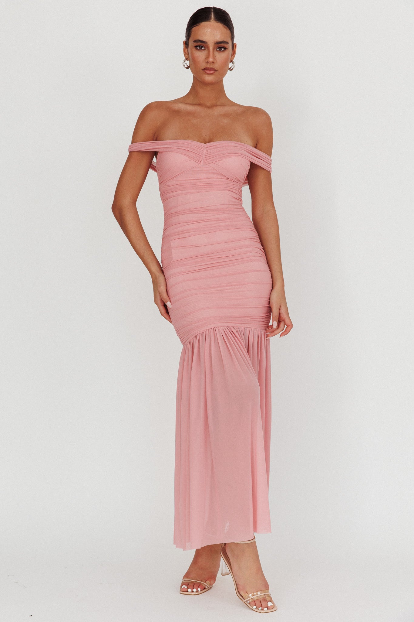 La Salle Off Shoulder Mesh Maxi Dress Pink L La Salle Off Shoulder Mesh Maxi Dress Pink L