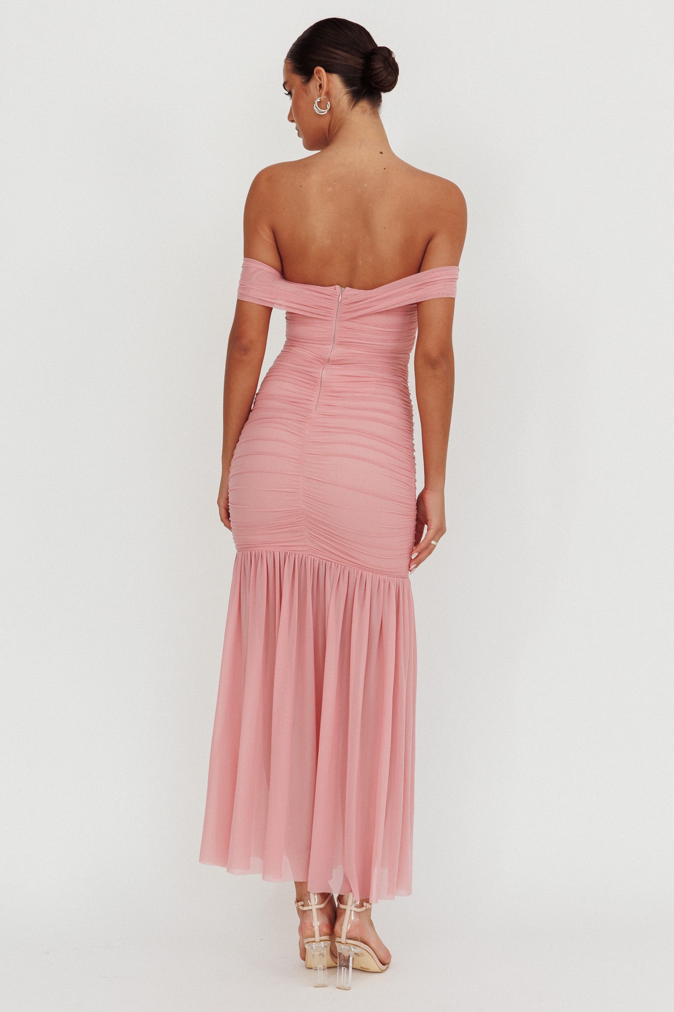 La Salle Off Shoulder Mesh Maxi Dress Pink | Selfie Leslie