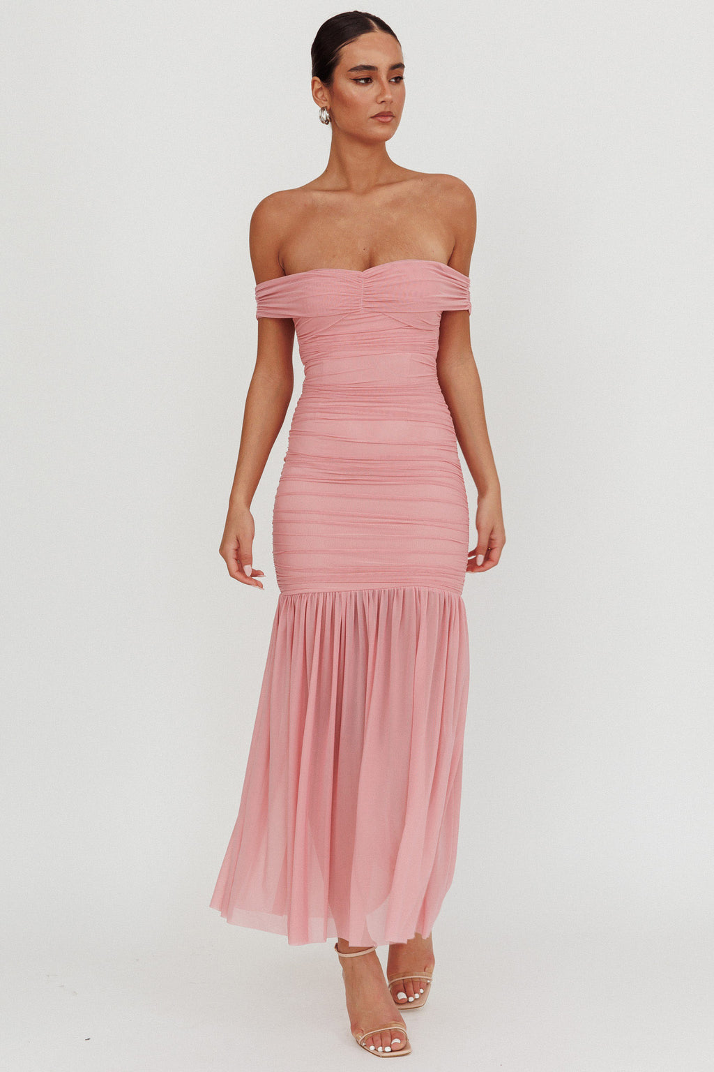 La Salle Off Shoulder Mesh Maxi Dress Pink by Selfie Leslie