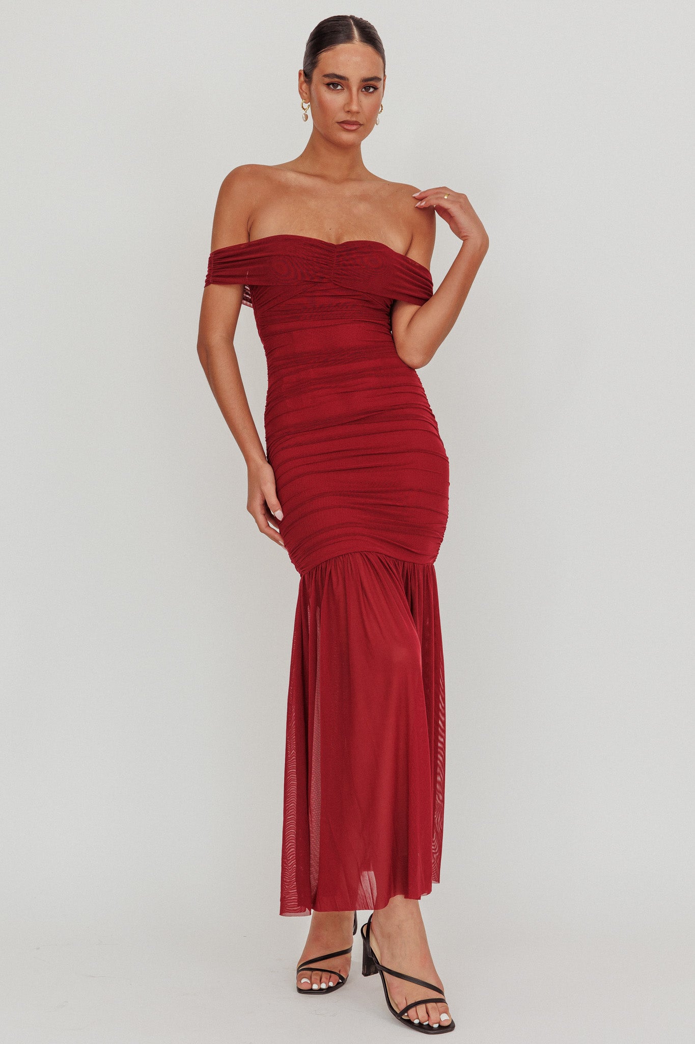 Umenlele Women's Strapless Ruched High Waist Beach Maxi Dress - Asymmetrical Split In Wine Red, Size Medium - View #11