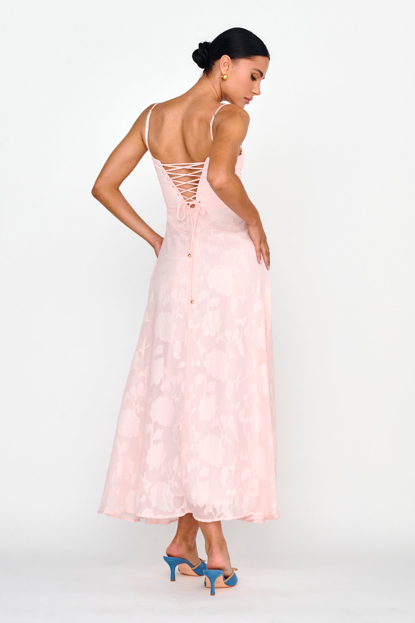 Well Wishing Textured Laced Back Midi Dress Pink by Selfie Leslie