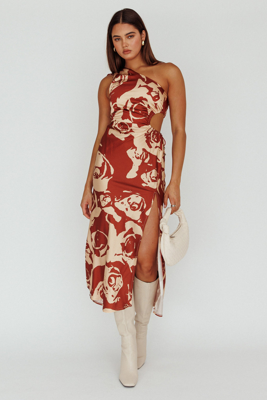 Charisma One-Shoulder Cut-Out Midi Dress Floral Coffee by Selfie Leslie