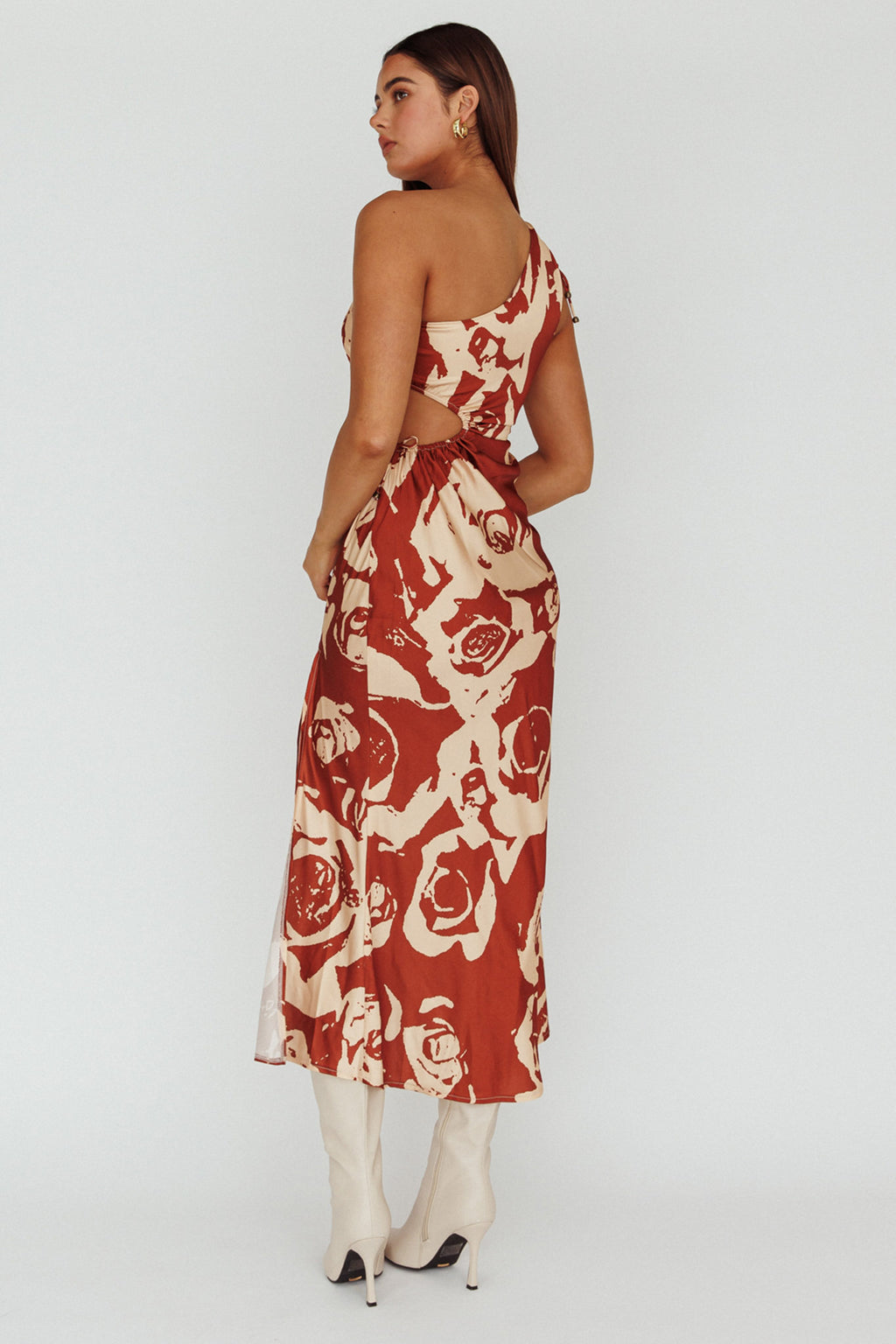 Charisma One-Shoulder Cut-Out Midi Dress Floral Coffee by Selfie Leslie