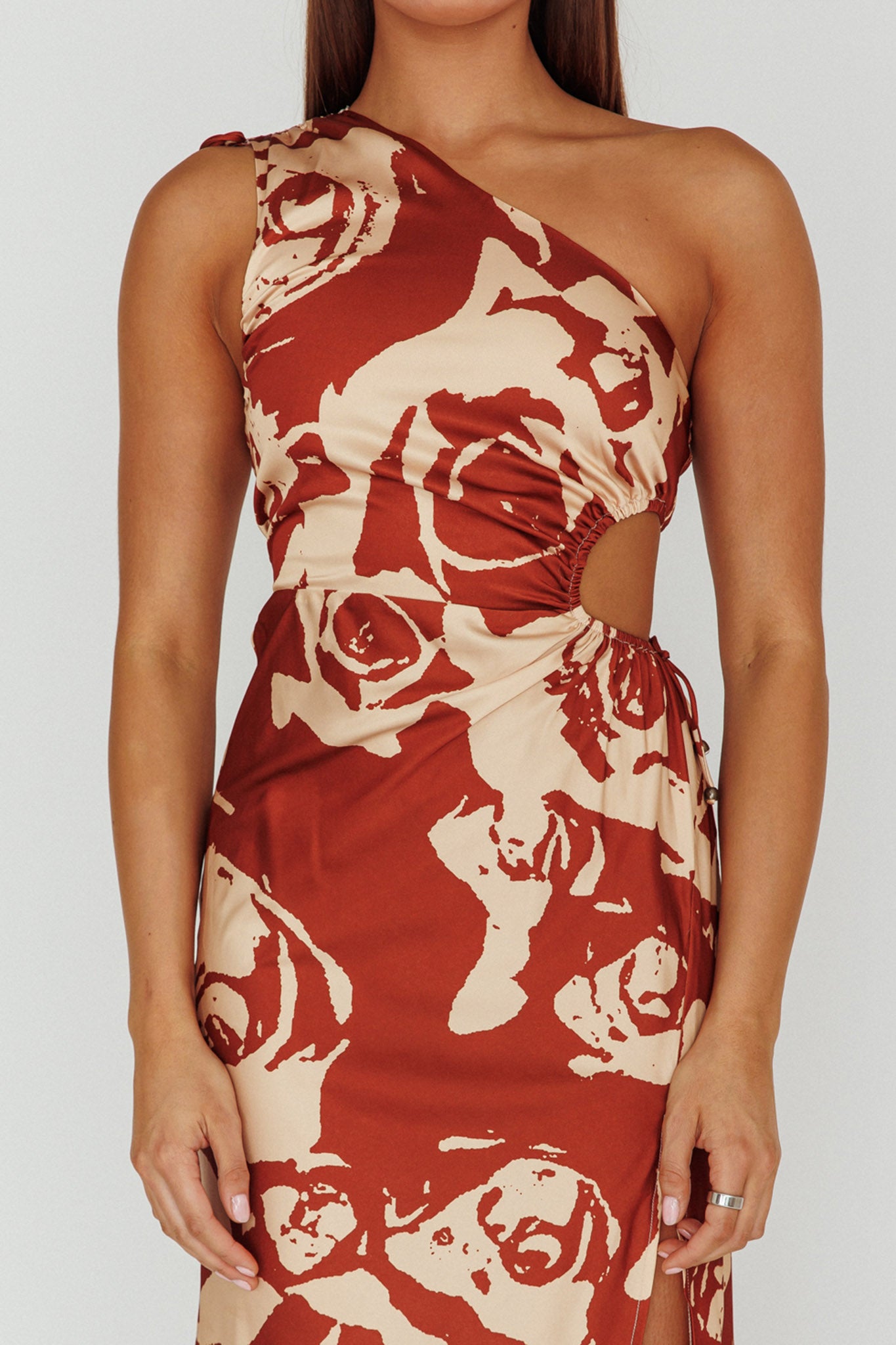 Charisma One-Shoulder Cut-Out Midi Dress Floral Coffee by Selfie Leslie
