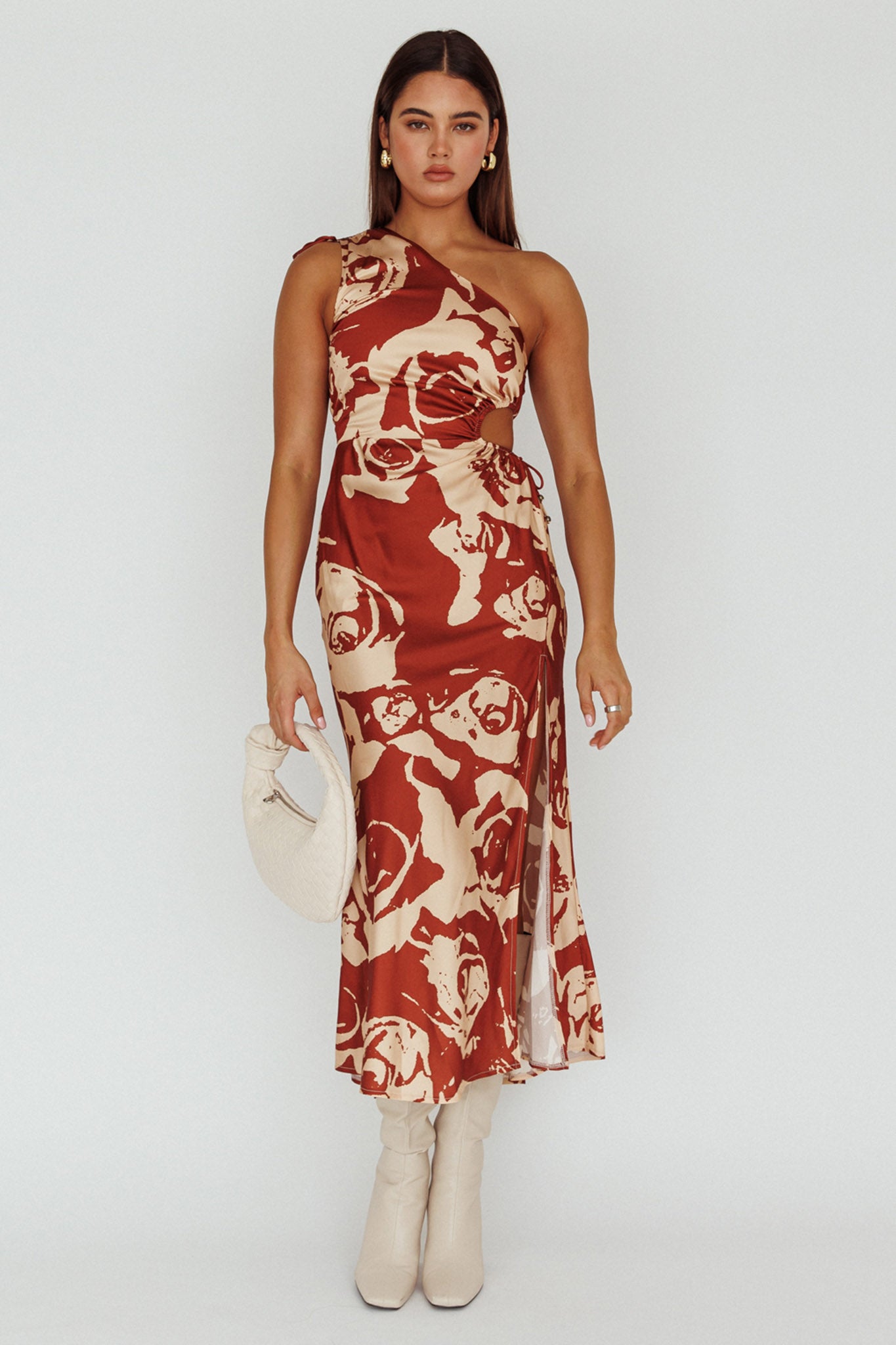 Charisma One-Shoulder Cut-Out Midi Dress Floral Coffee by Selfie Leslie
