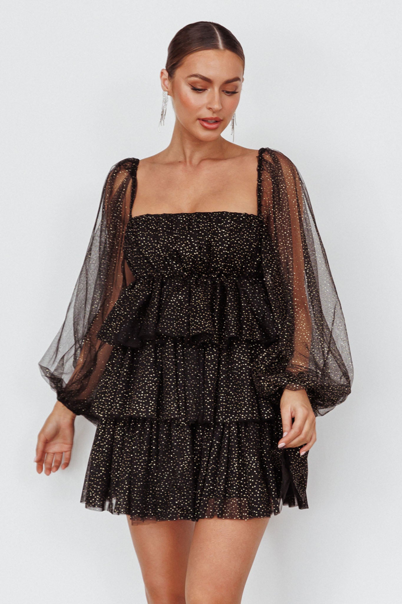 Spring Morning Long Sleeve Tiered Mini Dress Black/Gold by Selfie Leslie