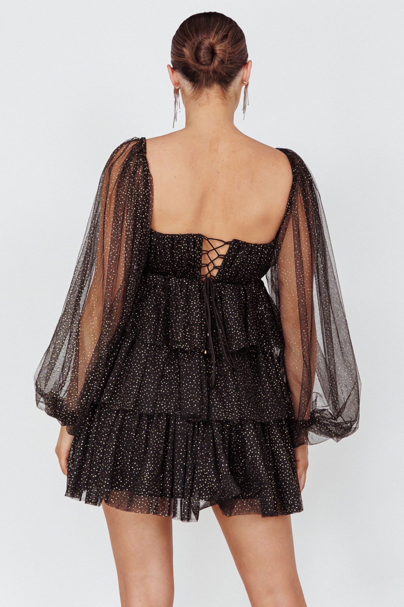 Spring Morning Long Sleeve Tiered Mini Dress Black/Gold by Selfie Leslie