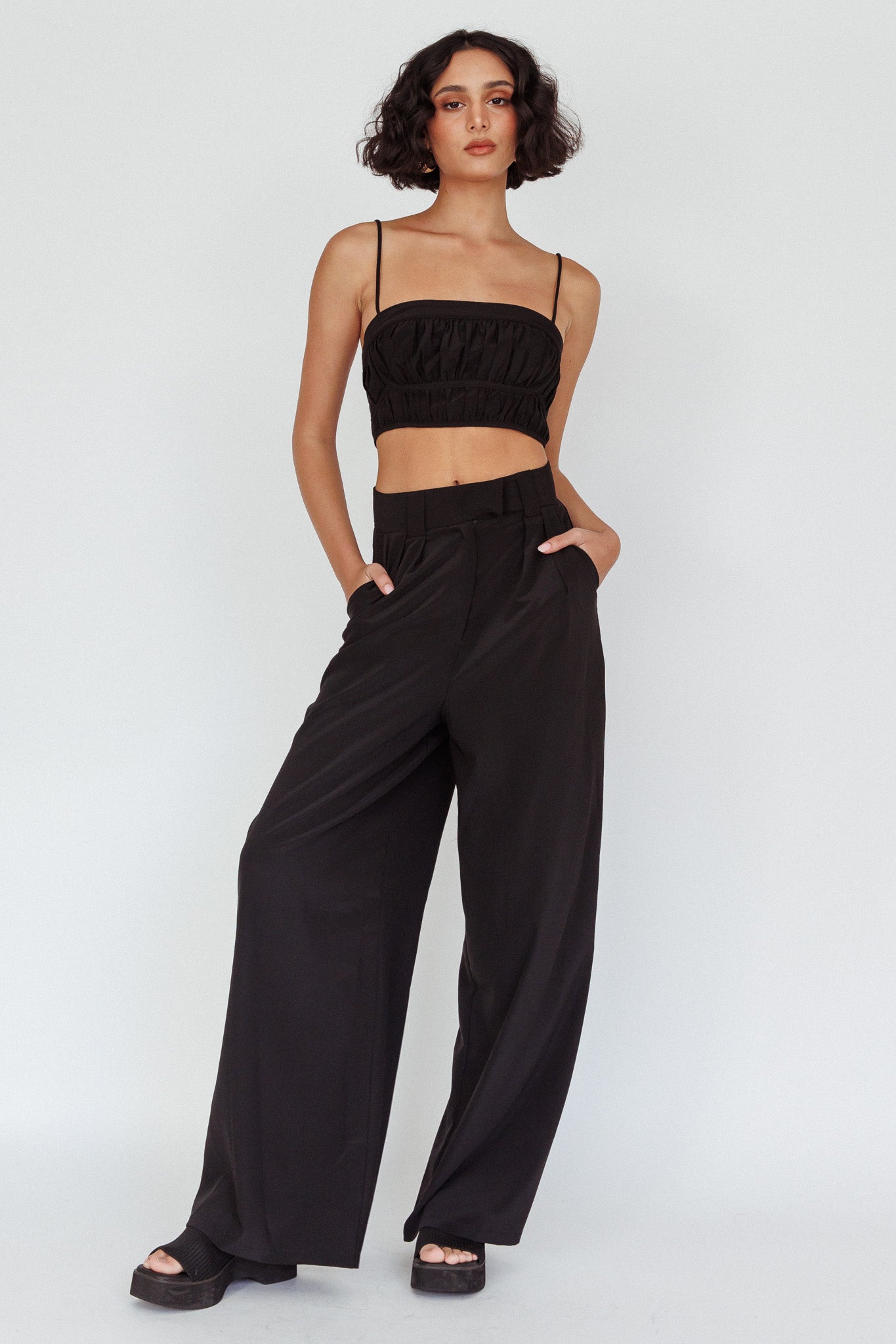 Regal Wide-Leg Mid Rise Pants Black by Selfie Leslie