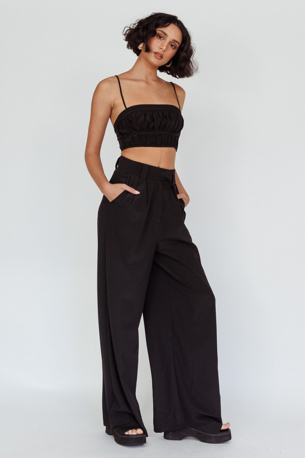 Regal Wide-Leg Mid Rise Pants Black by Selfie Leslie