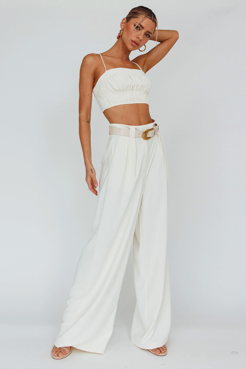 Regal Wide-Leg Mid Rise Pants Cream by Selfie Leslie