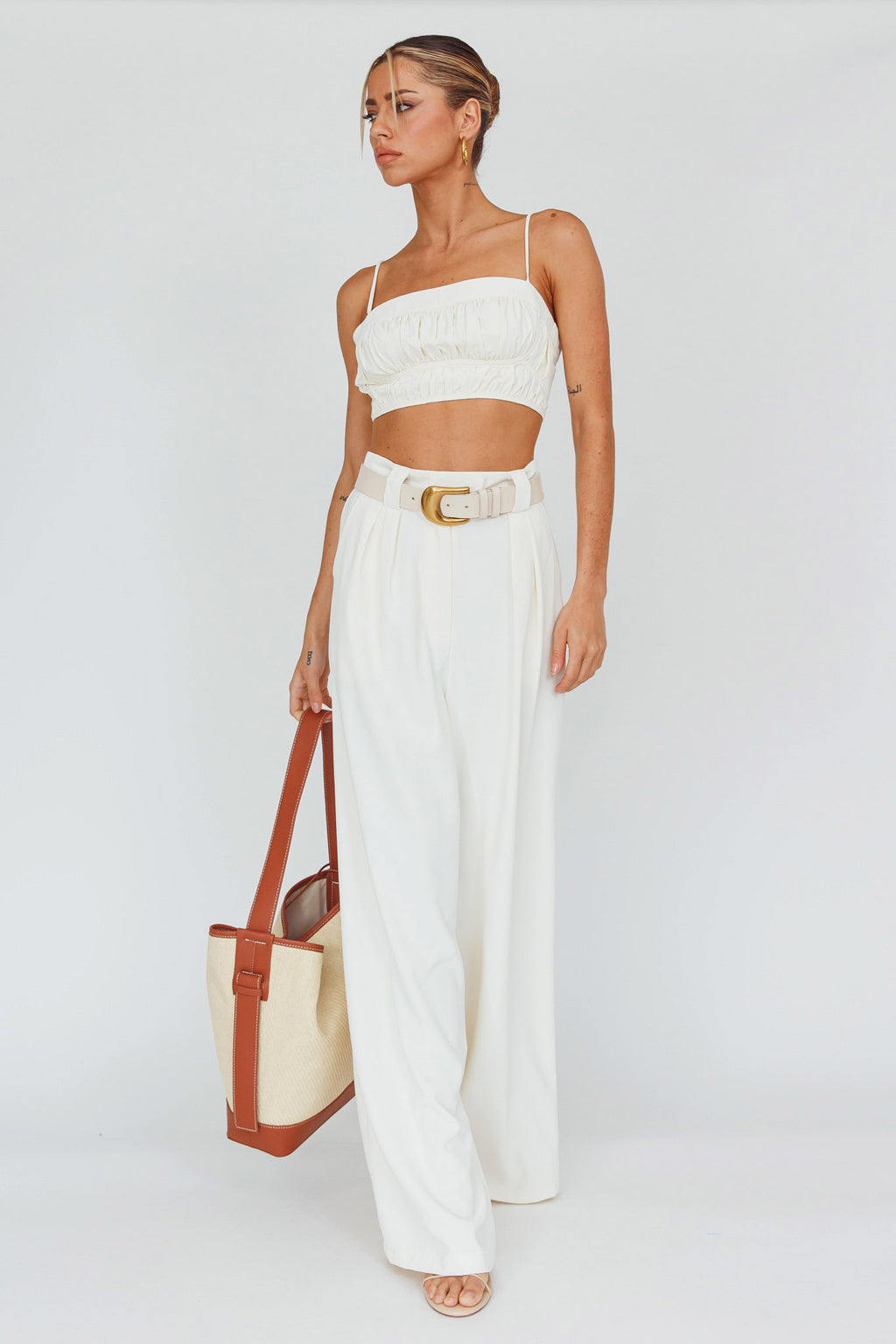 Regal Wide-Leg Mid Rise Pants Cream by Selfie Leslie