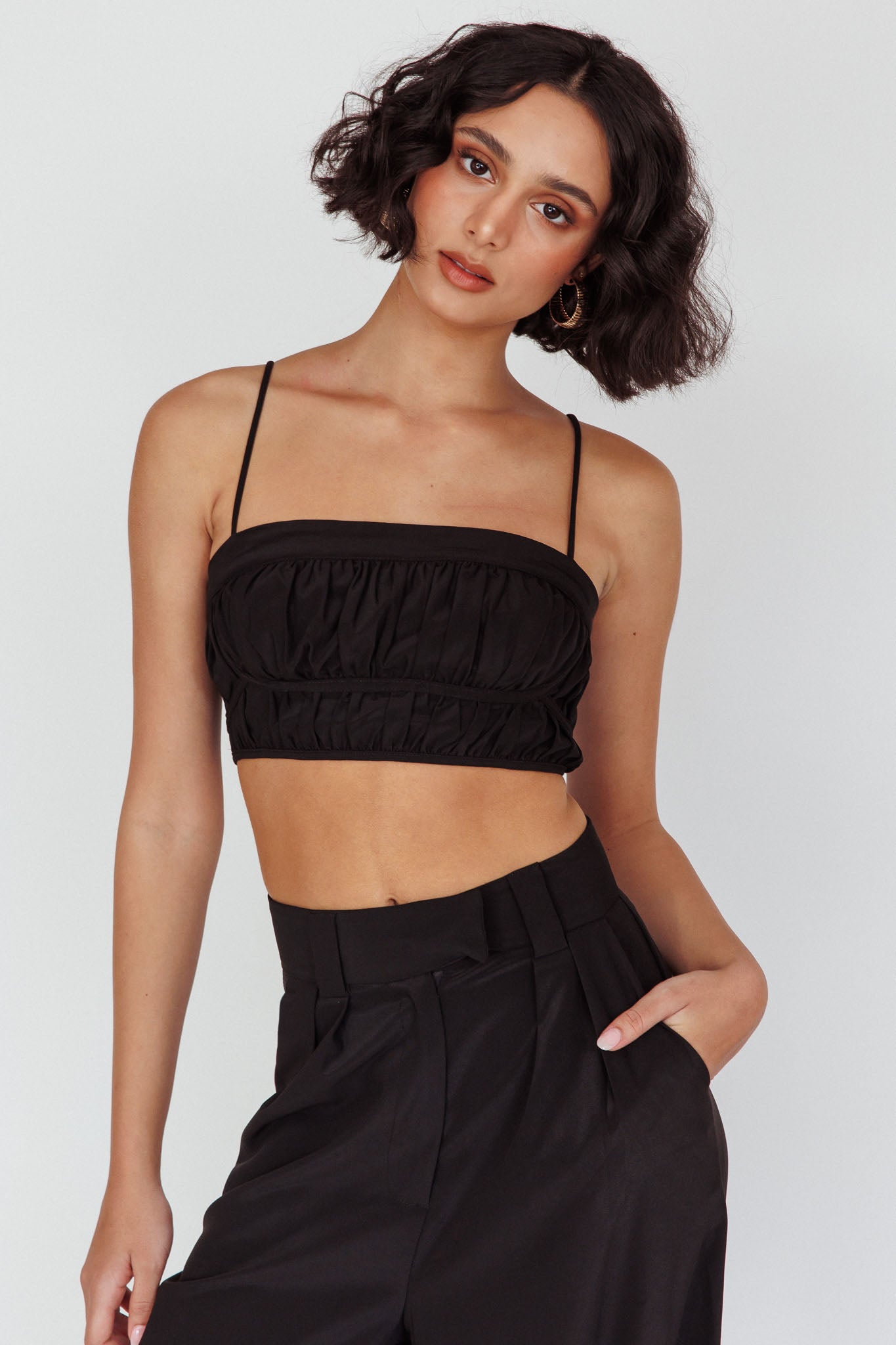 Regal Ruched Cami Crop Top Black by Selfie Leslie