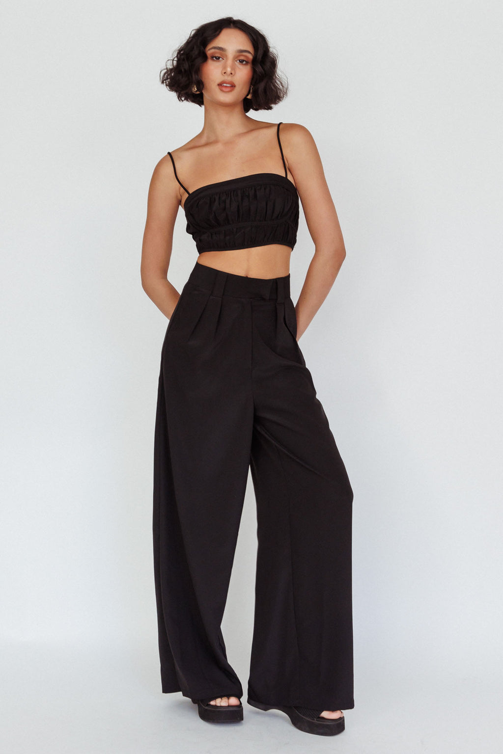 Regal Ruched Cami Crop Top Black by Selfie Leslie