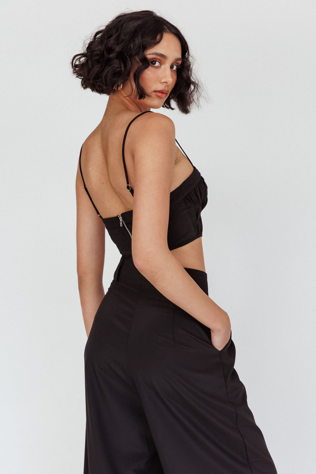 Regal Ruched Cami Crop Top Black by Selfie Leslie