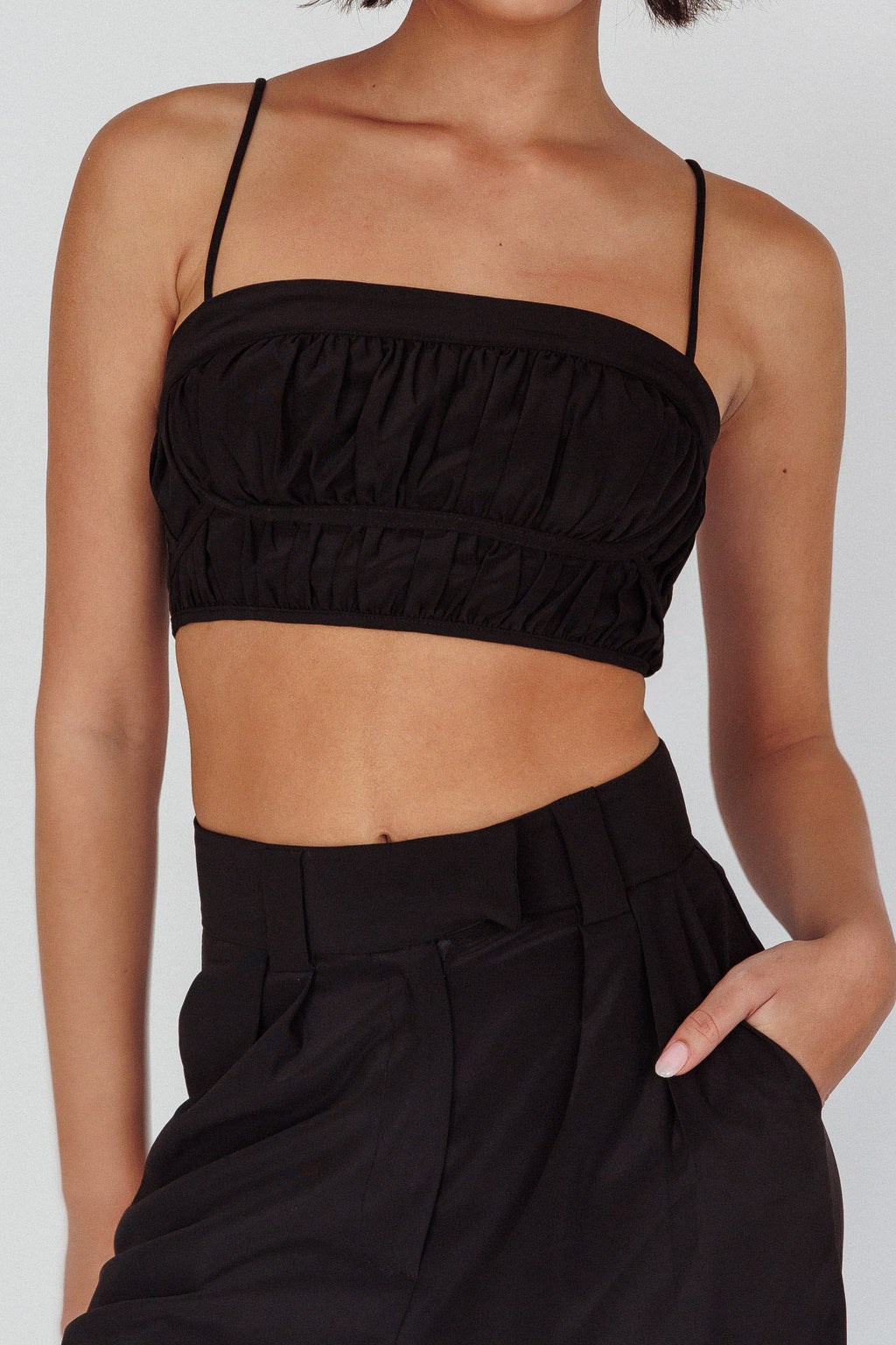 Regal Ruched Cami Crop Top Black by Selfie Leslie