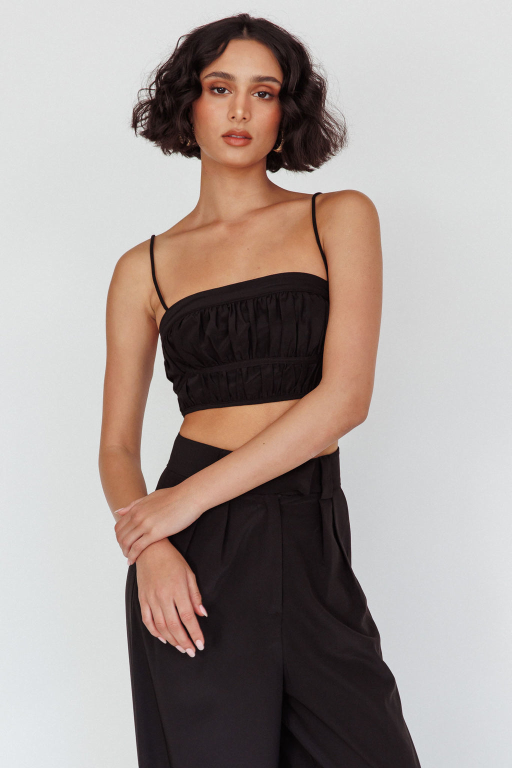 Regal Ruched Cami Crop Top Black by Selfie Leslie