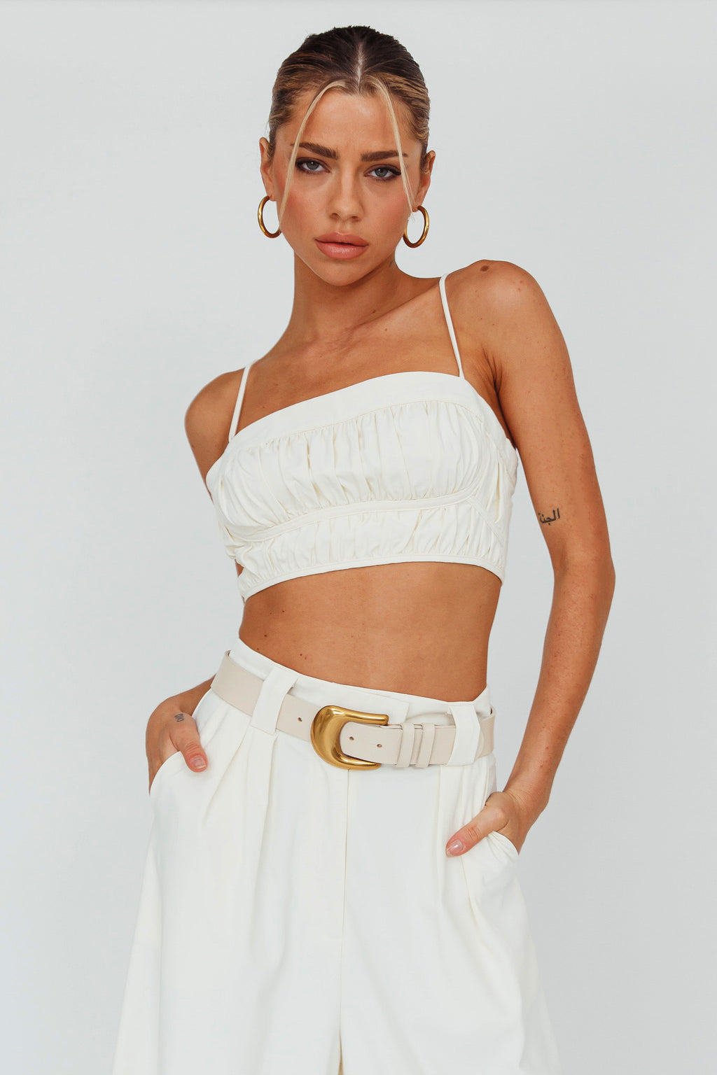 Regal Ruched Cami Crop Top Cream by Selfie Leslie