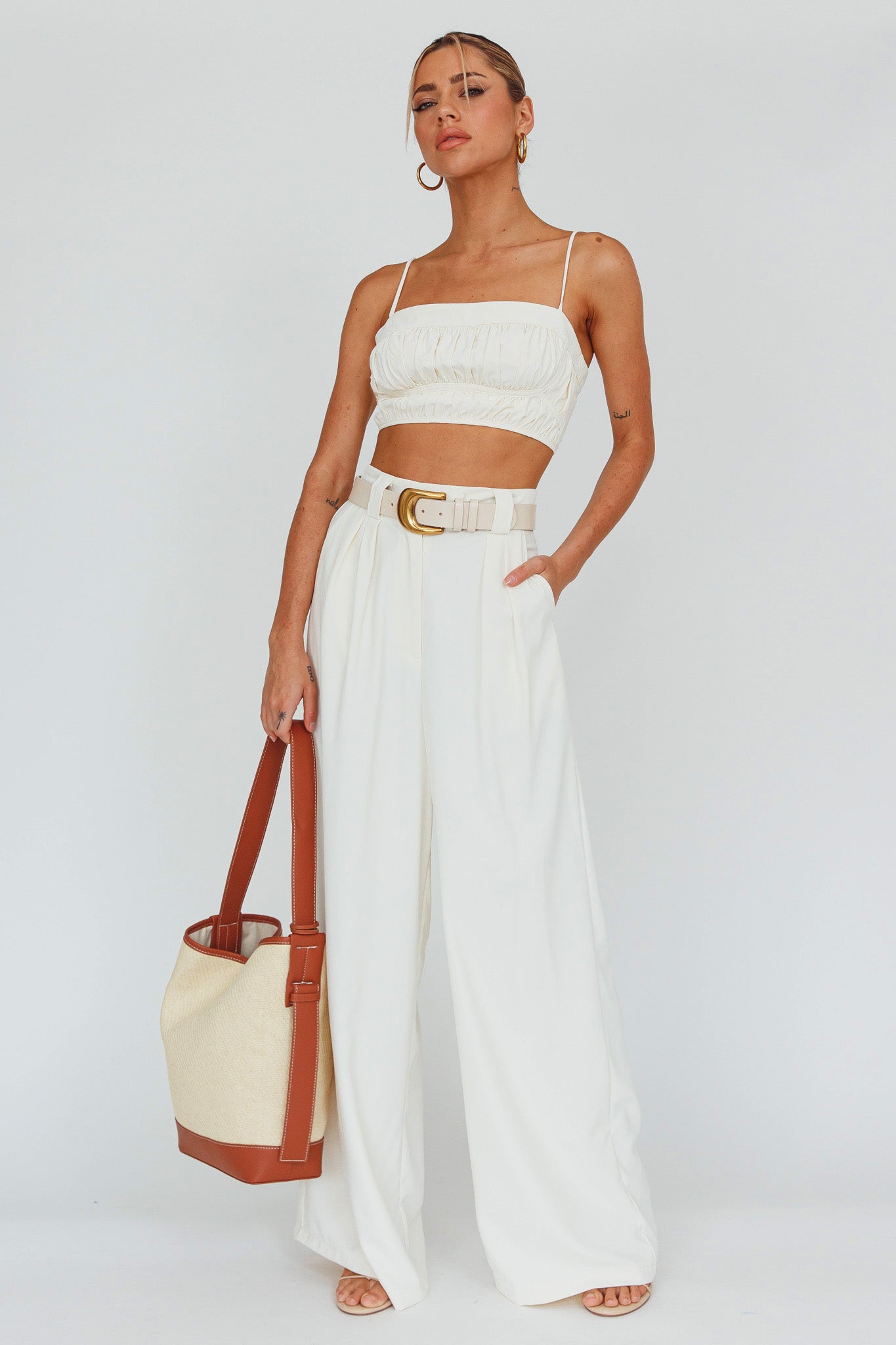 Regal Ruched Cami Crop Top Cream by Selfie Leslie