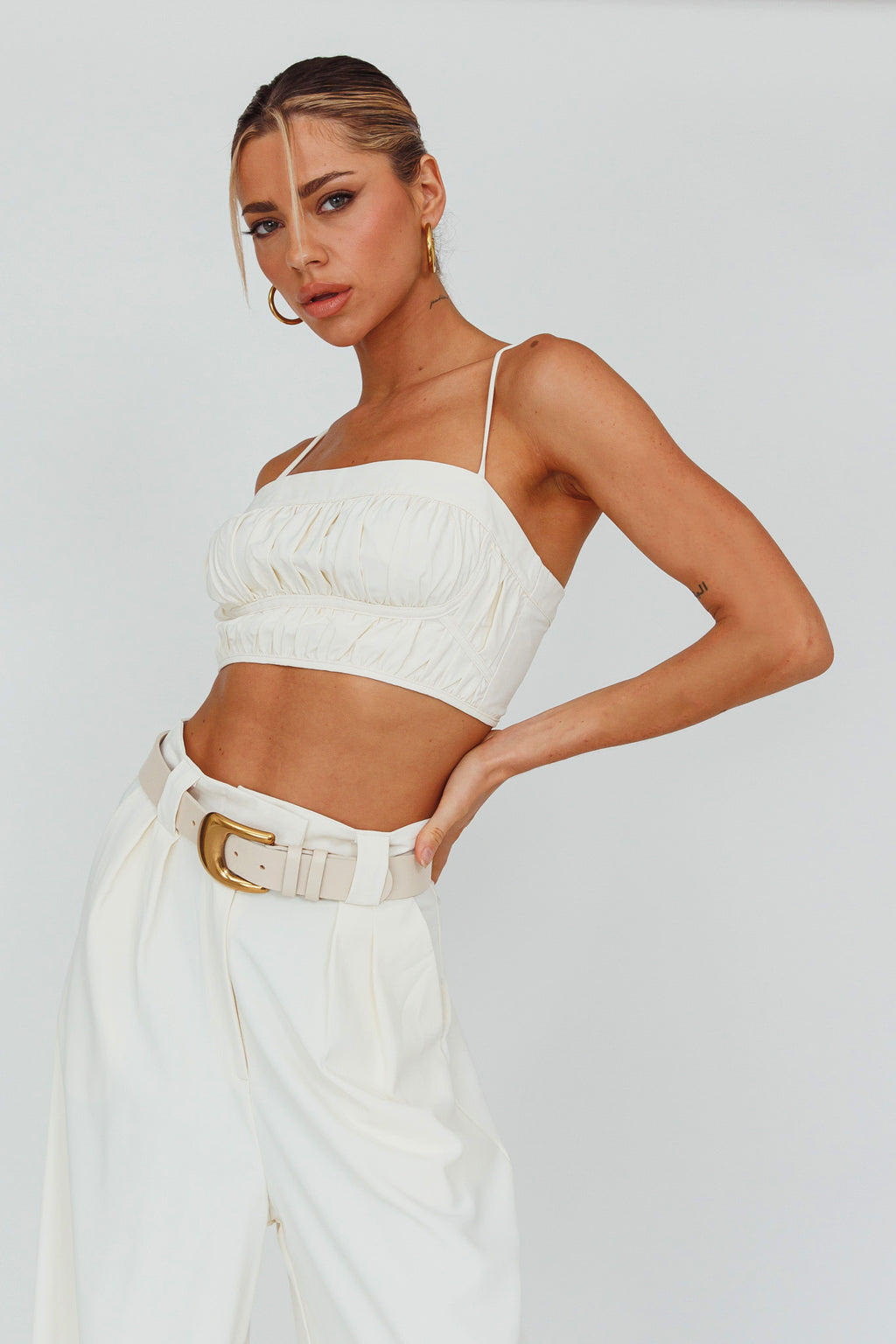 Regal Ruched Cami Crop Top Cream by Selfie Leslie