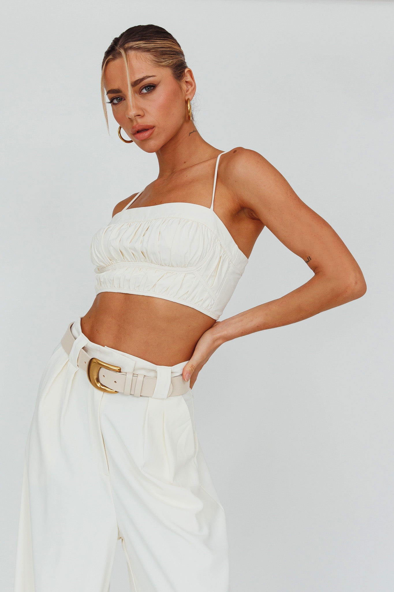 Regal Ruched Cami Crop Top Cream by Selfie Leslie