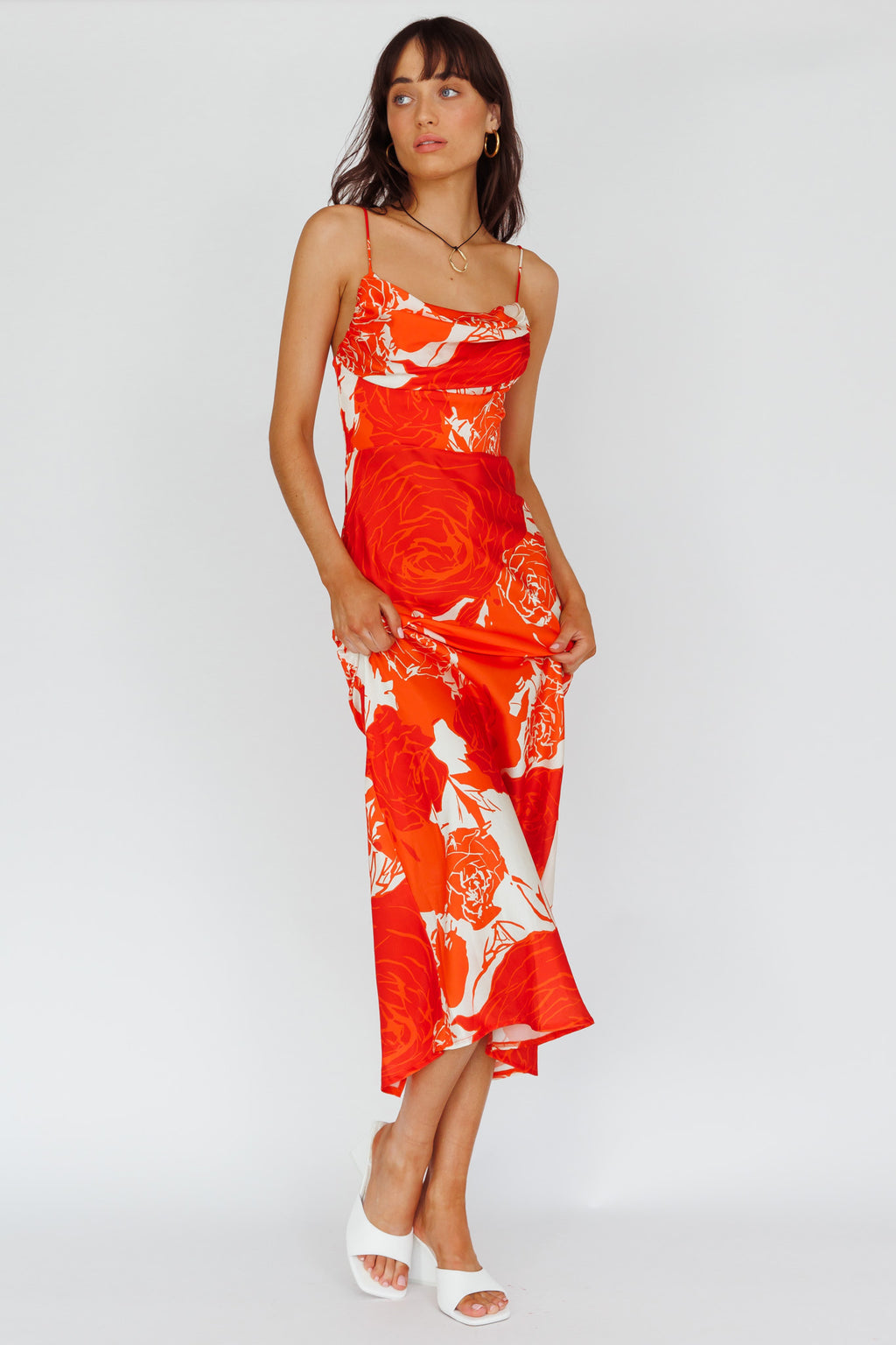 Highland Pleated Bust Midi Dress Floral Orange by Selfie Leslie