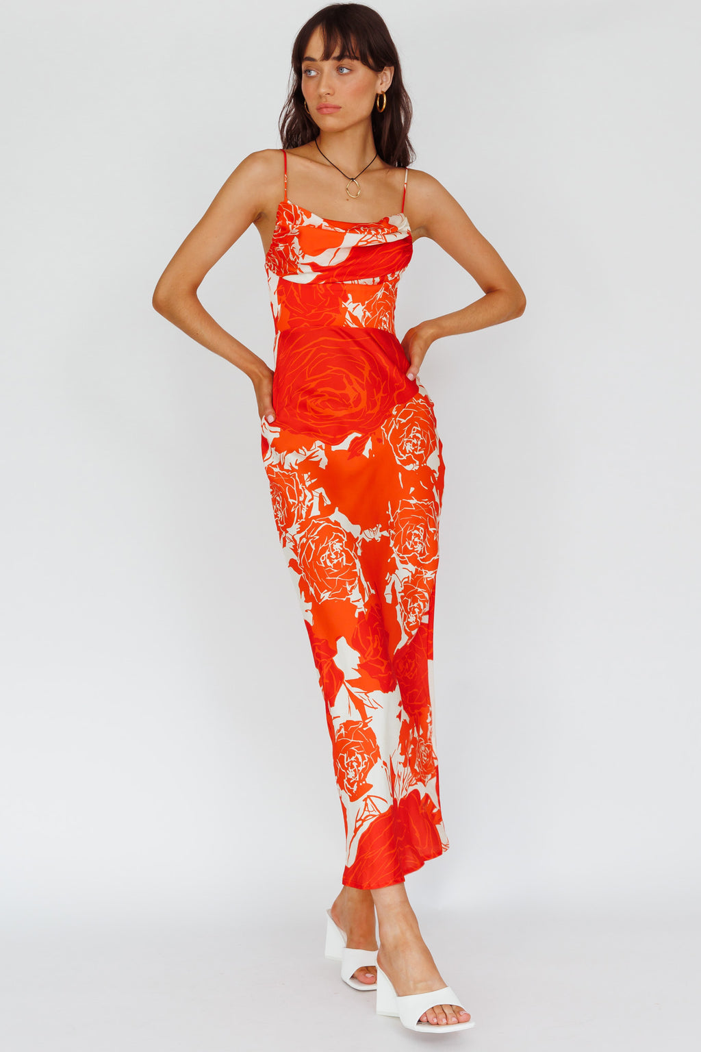 Highland Pleated Bust Midi Dress Floral Orange by Selfie Leslie
