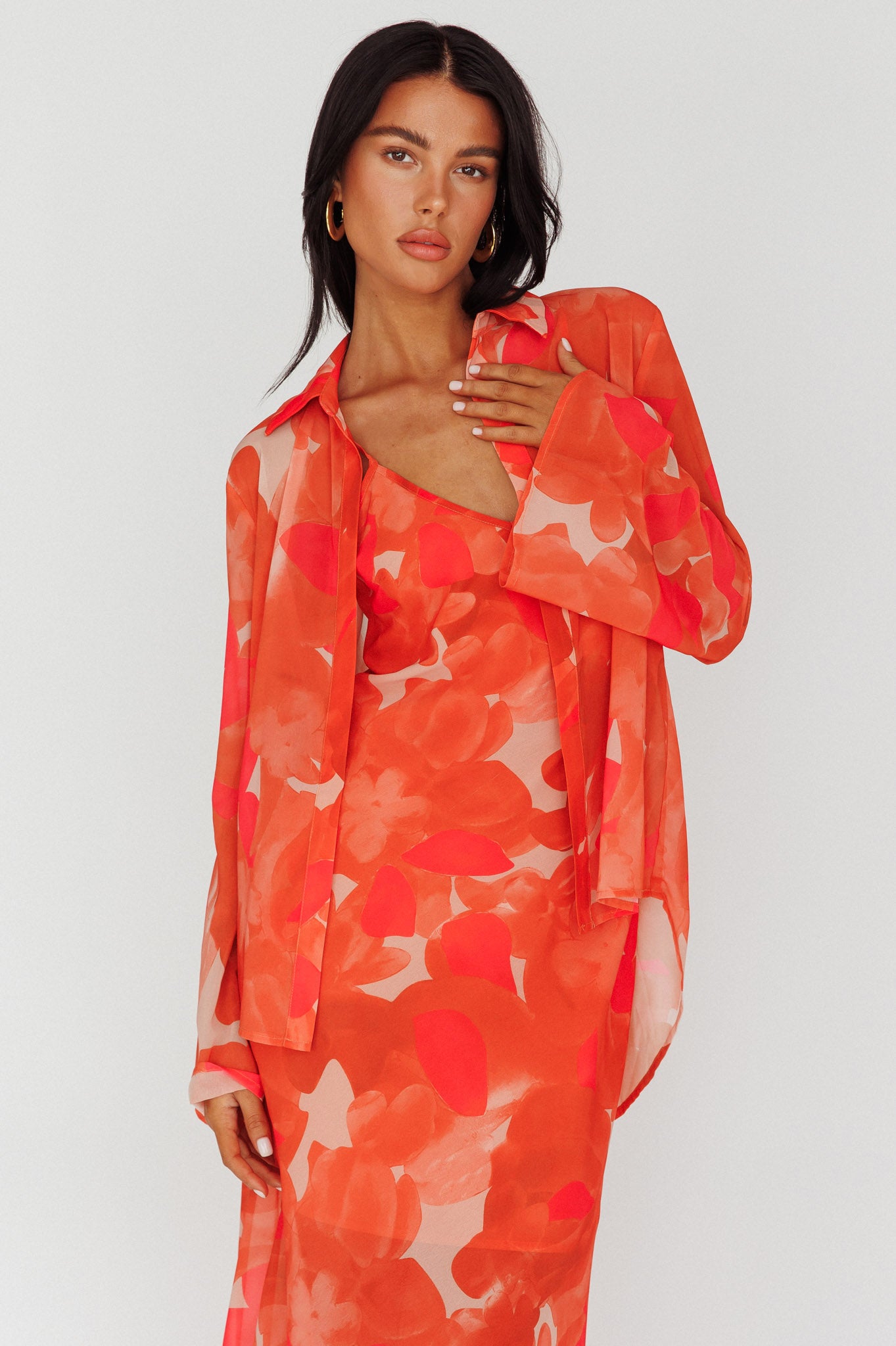 Stasi Flared Cuff Long Sleeve Shirt Floral Orange by Selfie Leslie