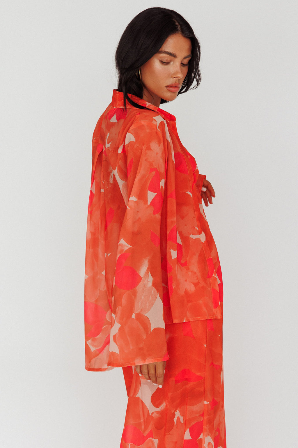 Stasi Flared Cuff Long Sleeve Shirt Floral Orange by Selfie Leslie