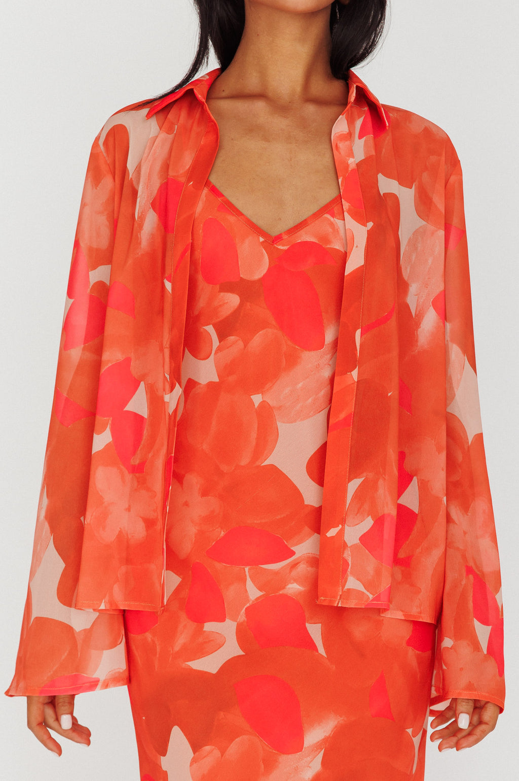 Stasi Flared Cuff Long Sleeve Shirt Floral Orange by Selfie Leslie