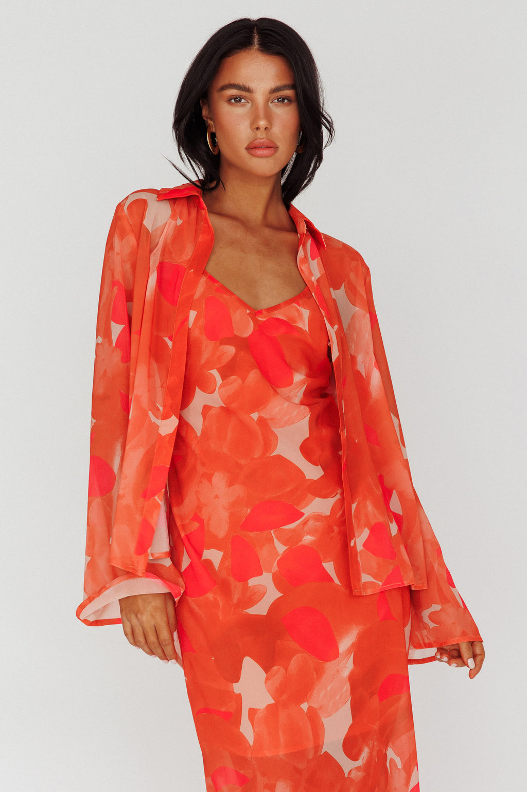 Stasi Flared Cuff Long Sleeve Shirt Floral Orange by Selfie Leslie