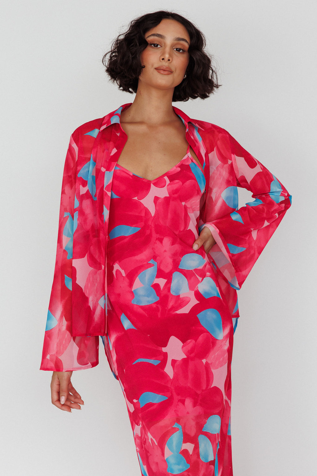 Stasi Flared Cuff Long Sleeve Shirt Floral Pink by Selfie Leslie