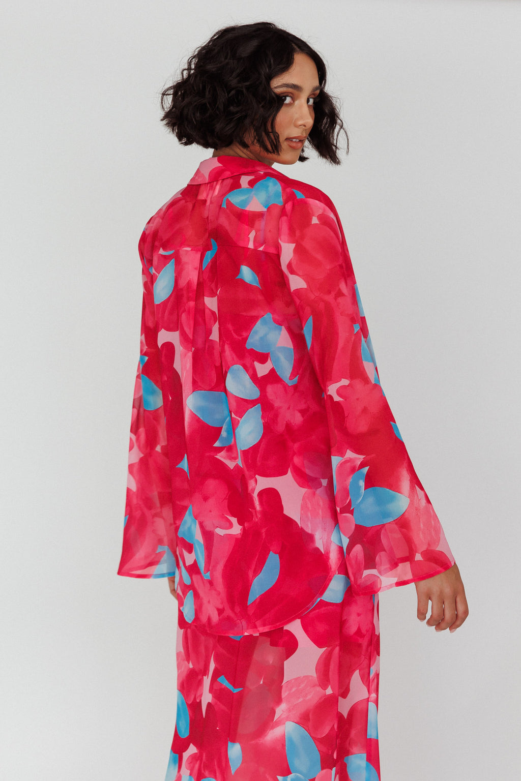 Stasi Flared Cuff Long Sleeve Shirt Floral Pink by Selfie Leslie