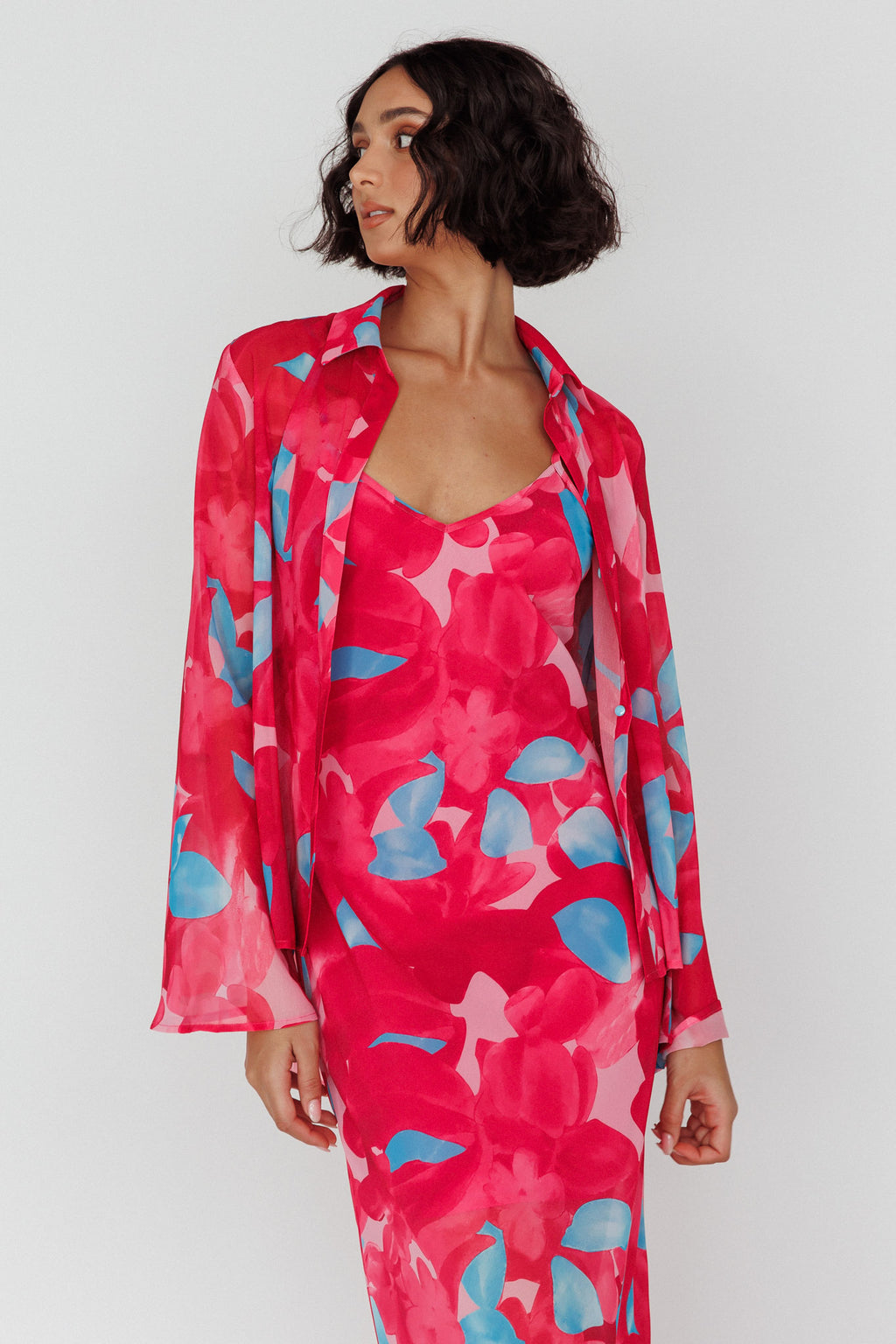 Stasi Flared Cuff Long Sleeve Shirt Floral Pink by Selfie Leslie
