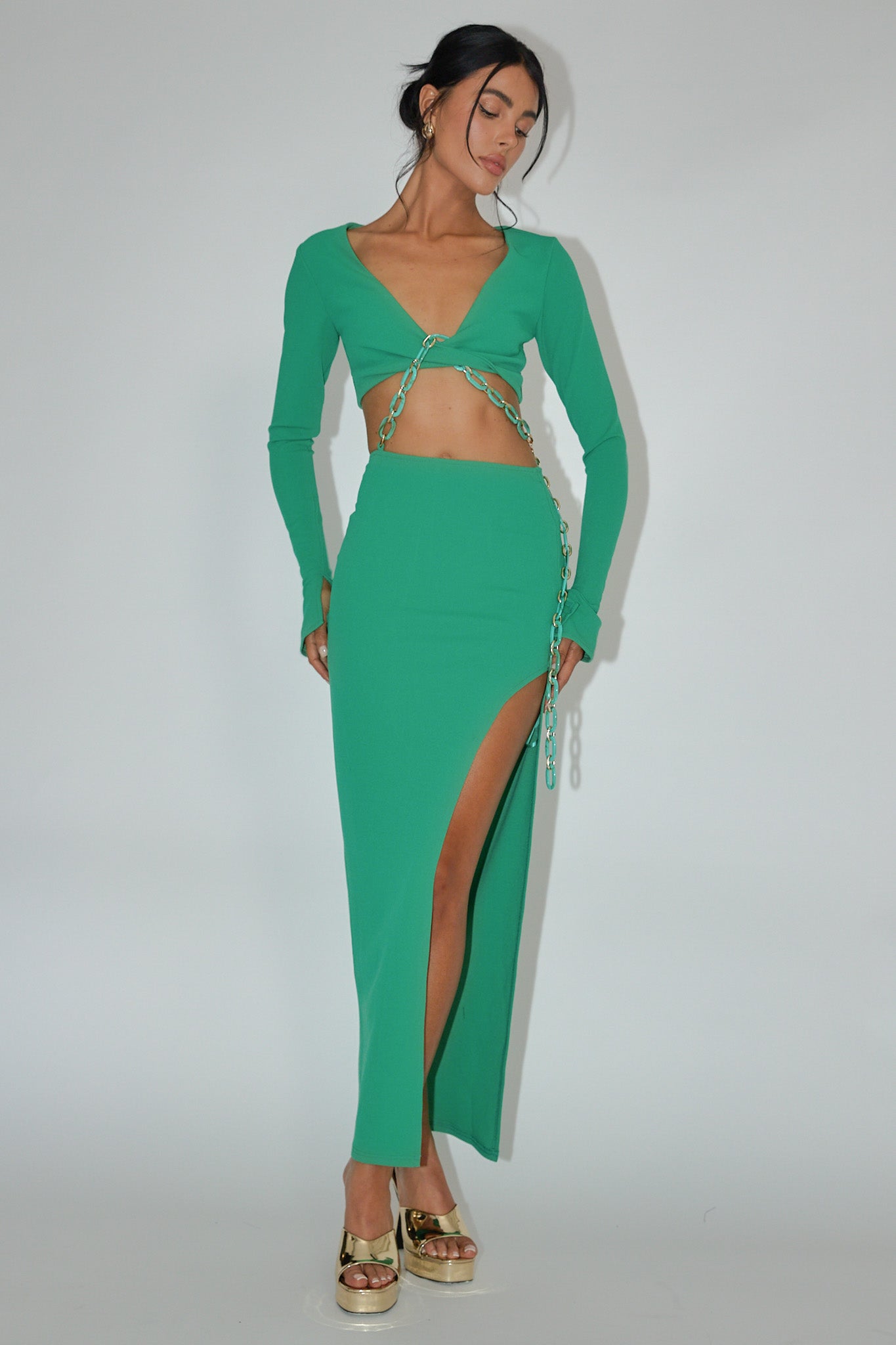 Sigournie Long Sleeve Chain Midi Dress Green by Selfie Leslie