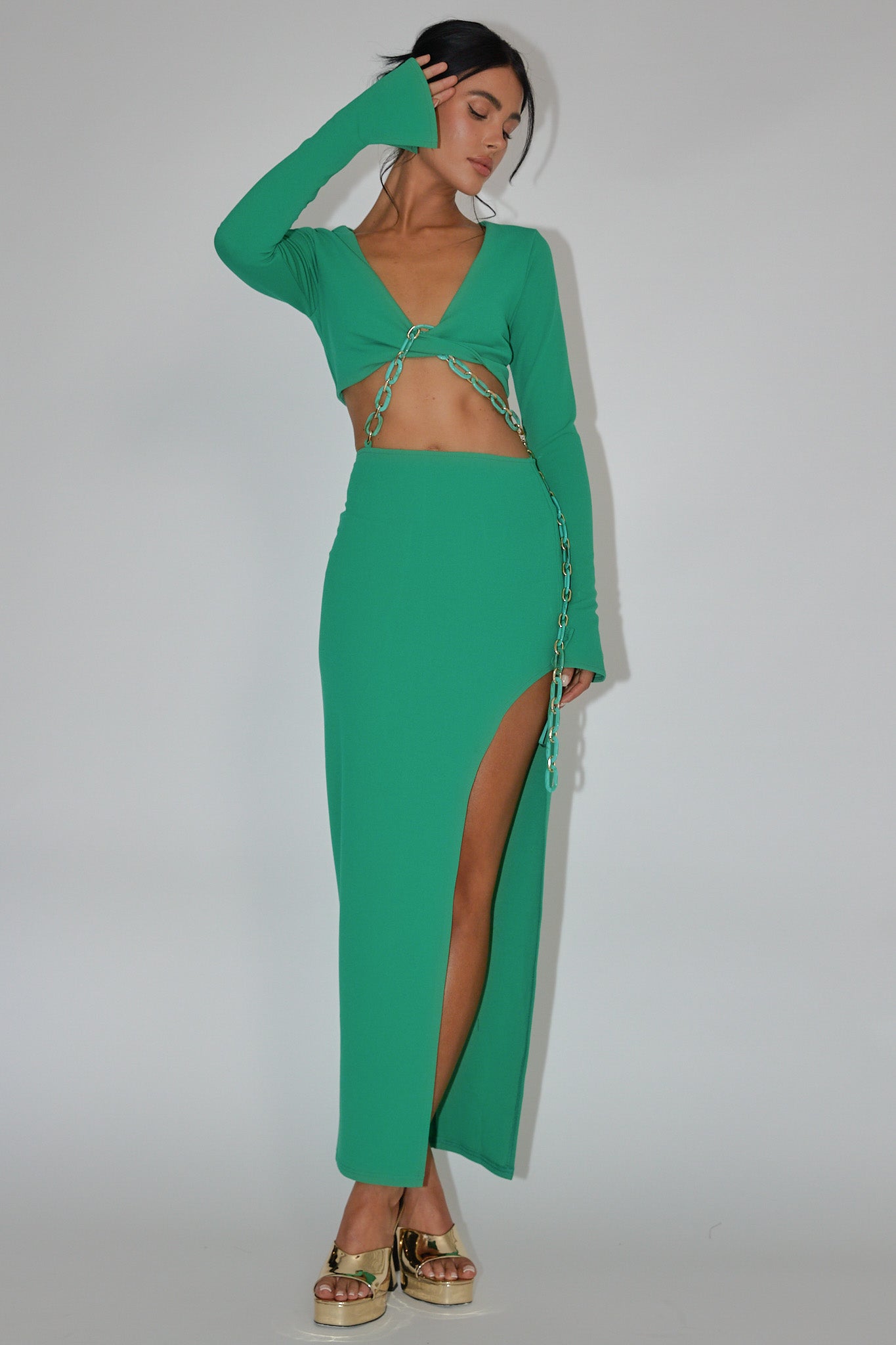 Sigournie Long Sleeve Chain Midi Dress Green by Selfie Leslie