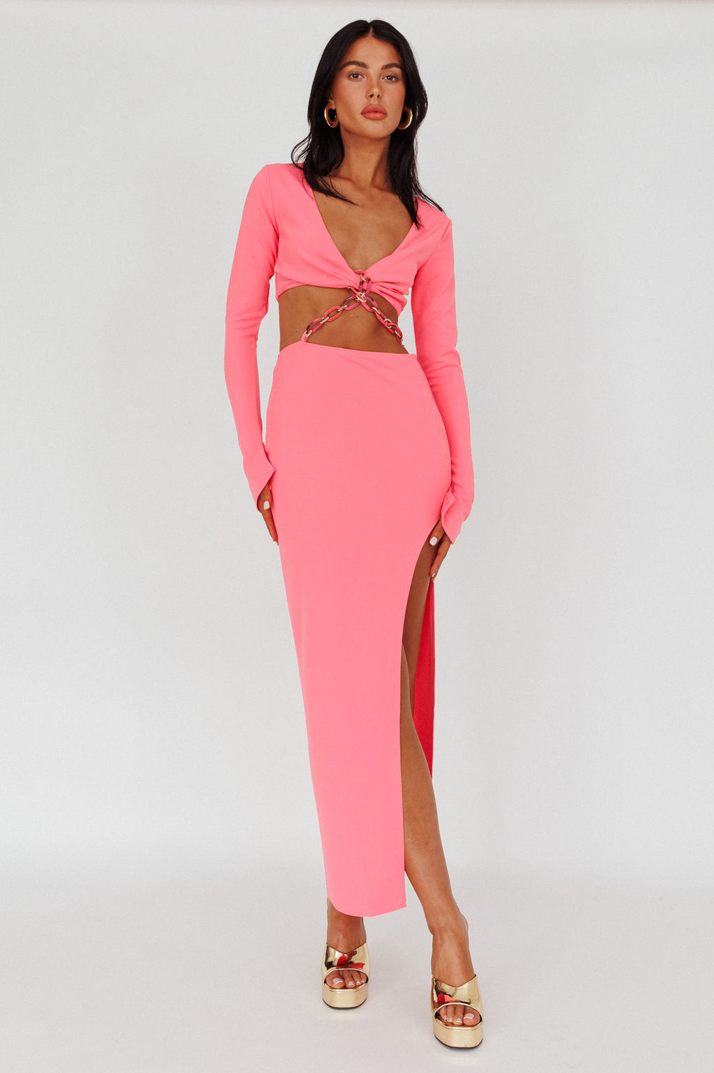 Sigournie Long Sleeve Chain Midi Dress Pink by Selfie Leslie