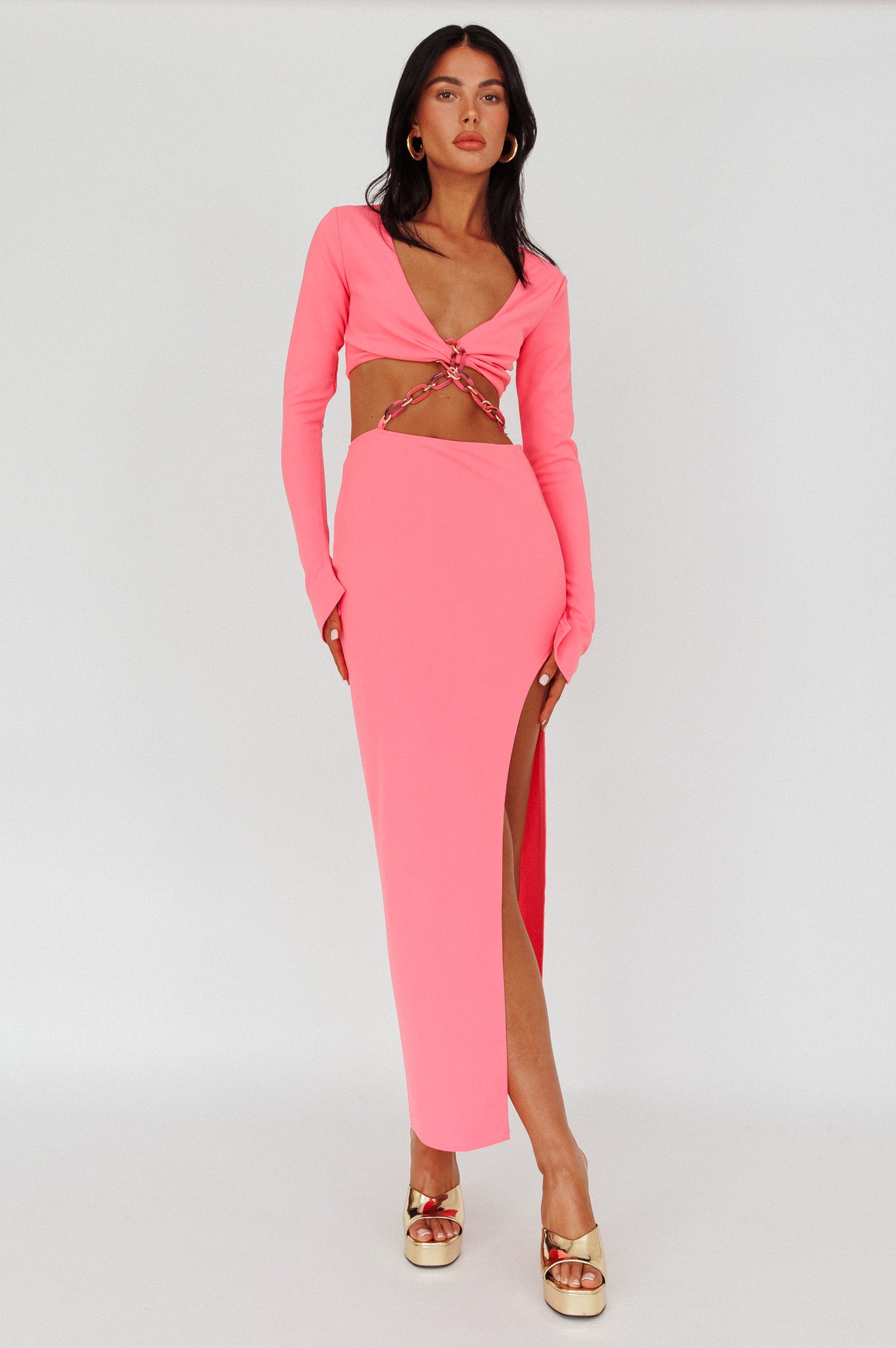 Sigournie Long Sleeve Chain Midi Dress Pink by Selfie Leslie