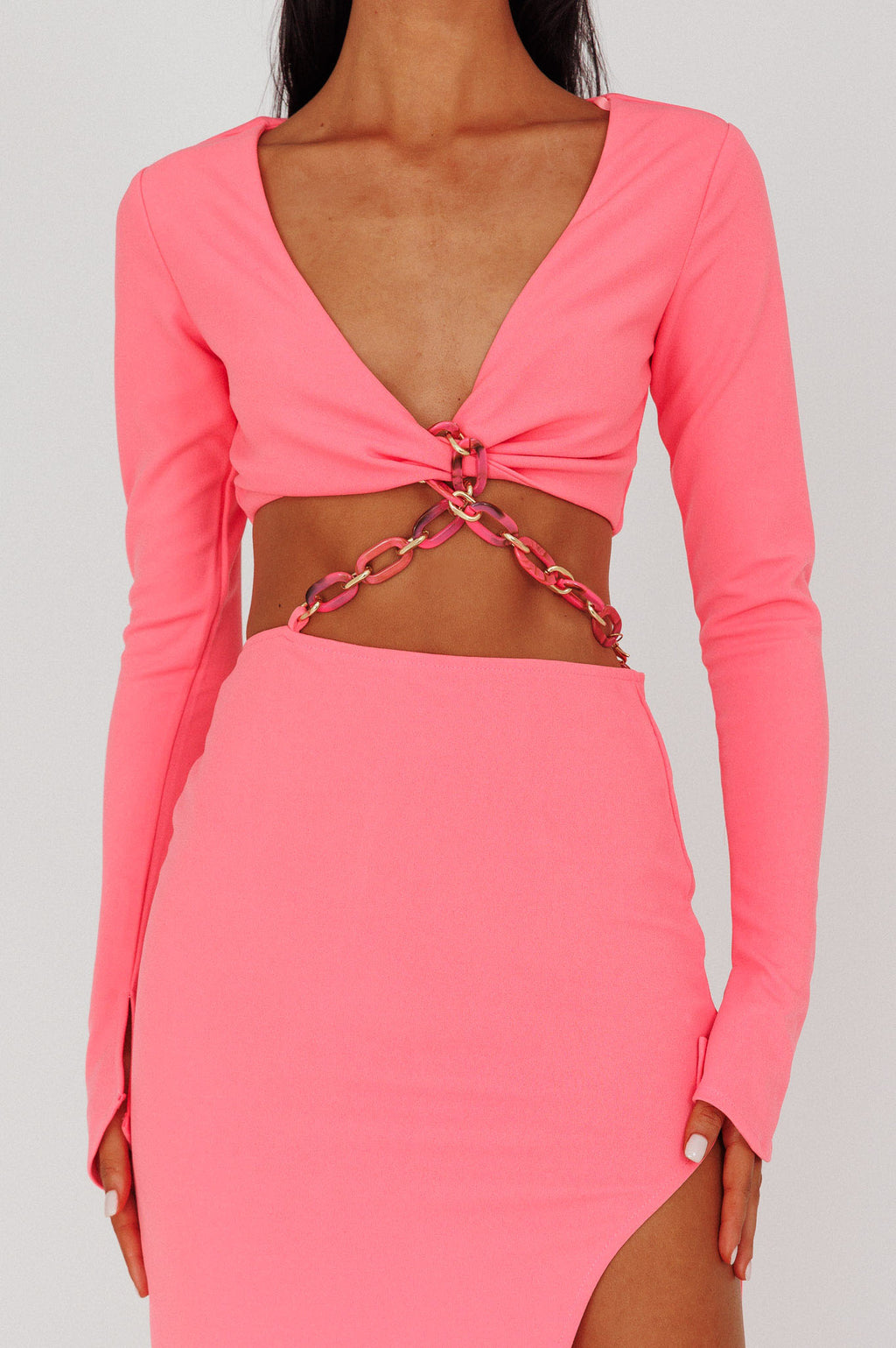 Sigournie Long Sleeve Chain Midi Dress Pink by Selfie Leslie