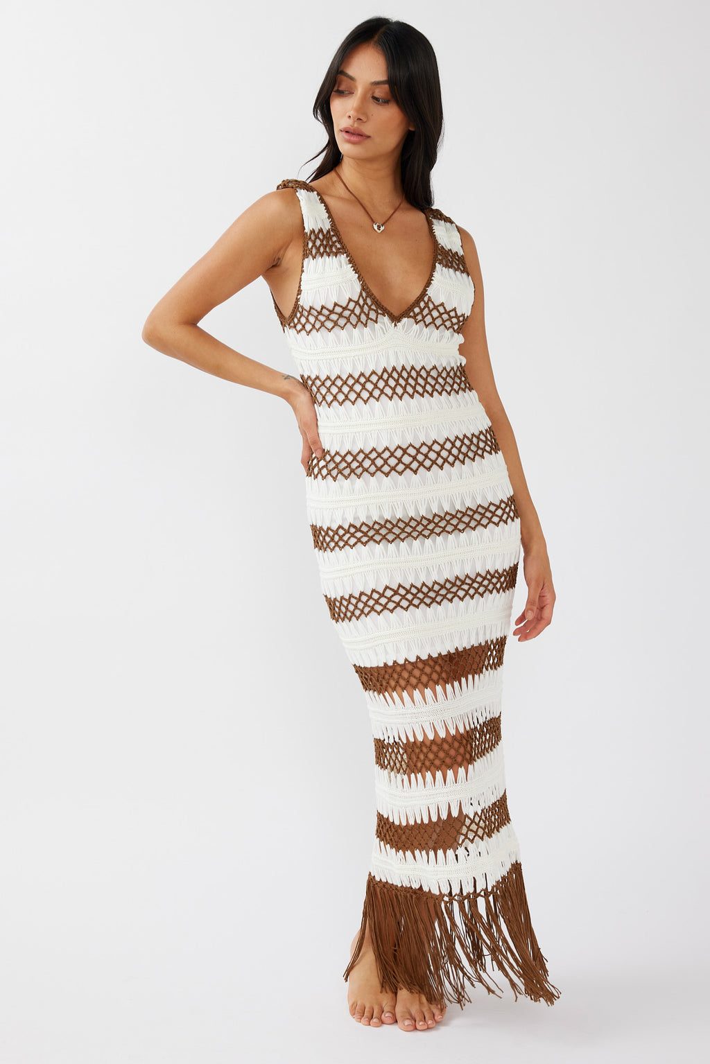 Ximena Tassel Hem Crochet Midi Dress White/Mocha by Selfie Leslie