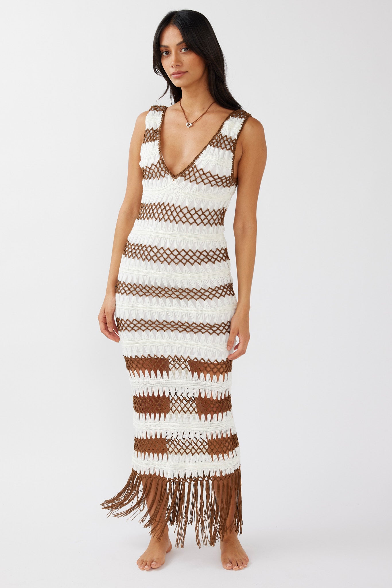 Ximena Tassel Hem Crochet Midi Dress White/Mocha by Selfie Leslie
