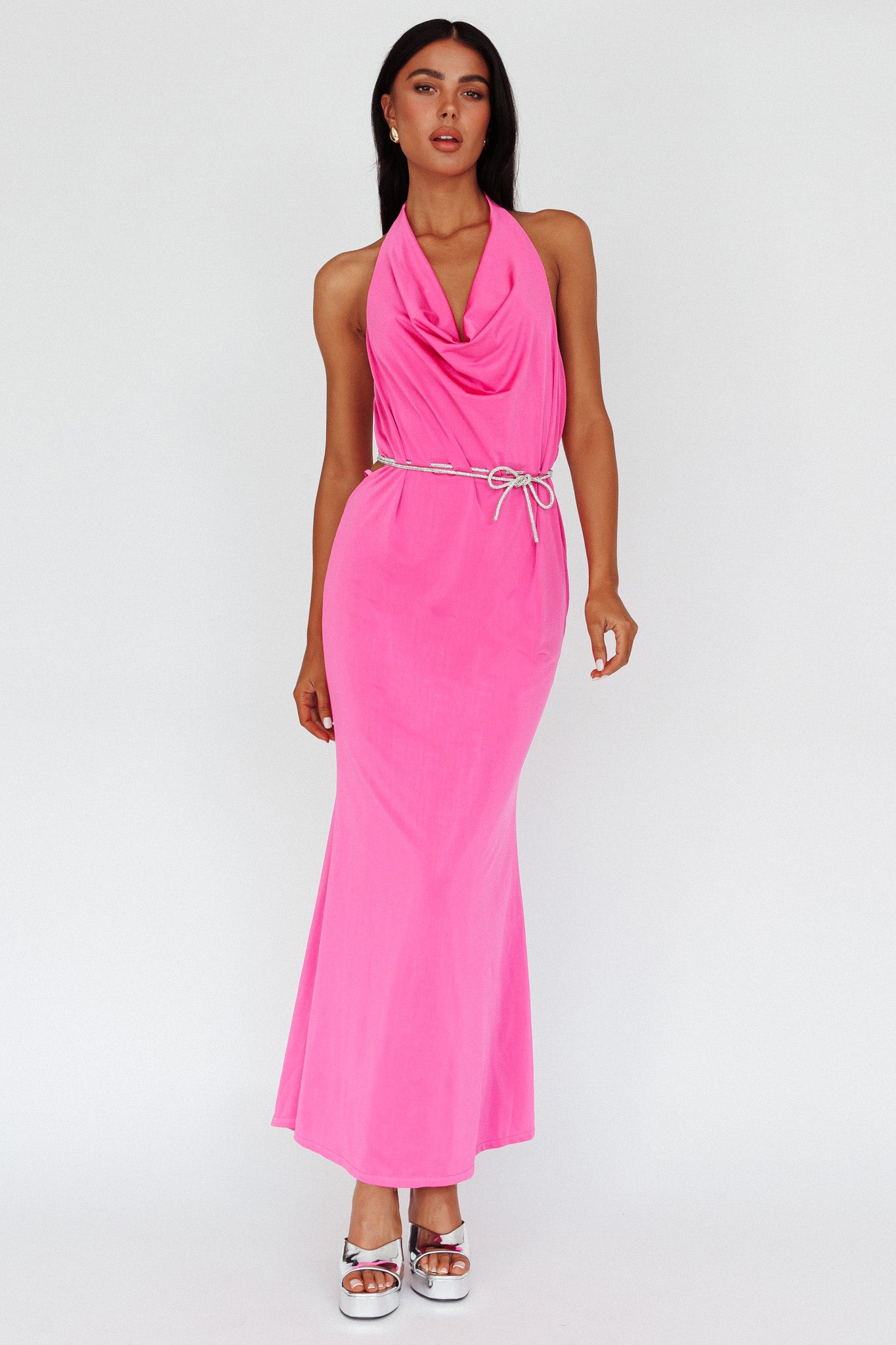 Emmi Cowl Neck Diamante Rope Dress Magenta by Selfie Leslie