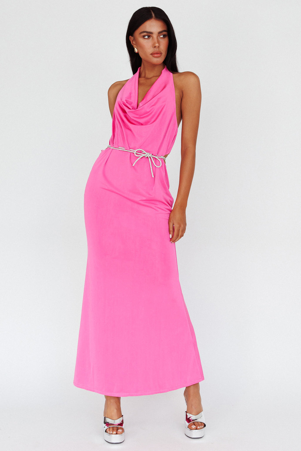 Emmi Cowl Neck Diamante Rope Dress Magenta by Selfie Leslie