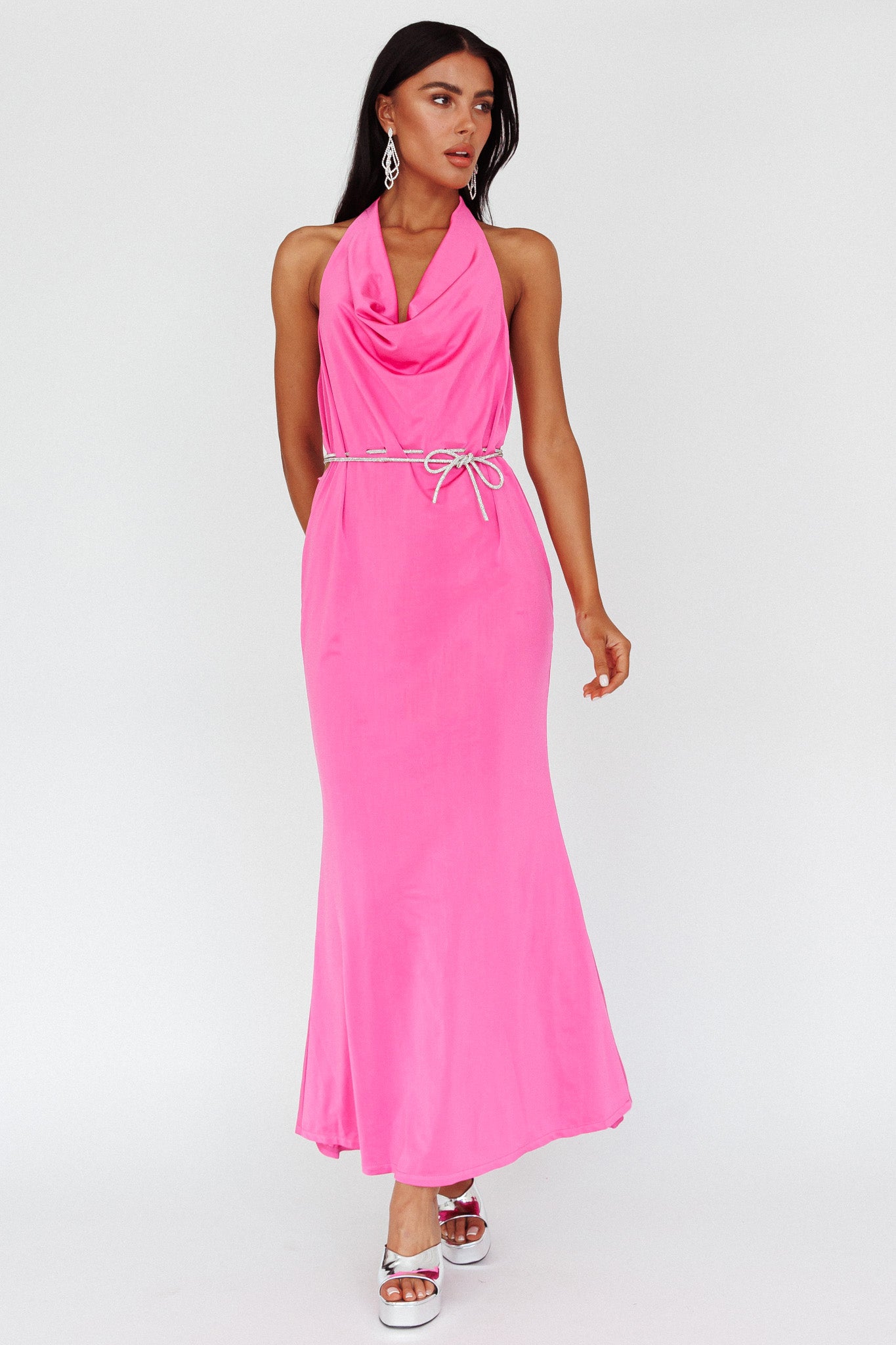 Emmi Cowl Neck Diamante Rope Dress Magenta by Selfie Leslie