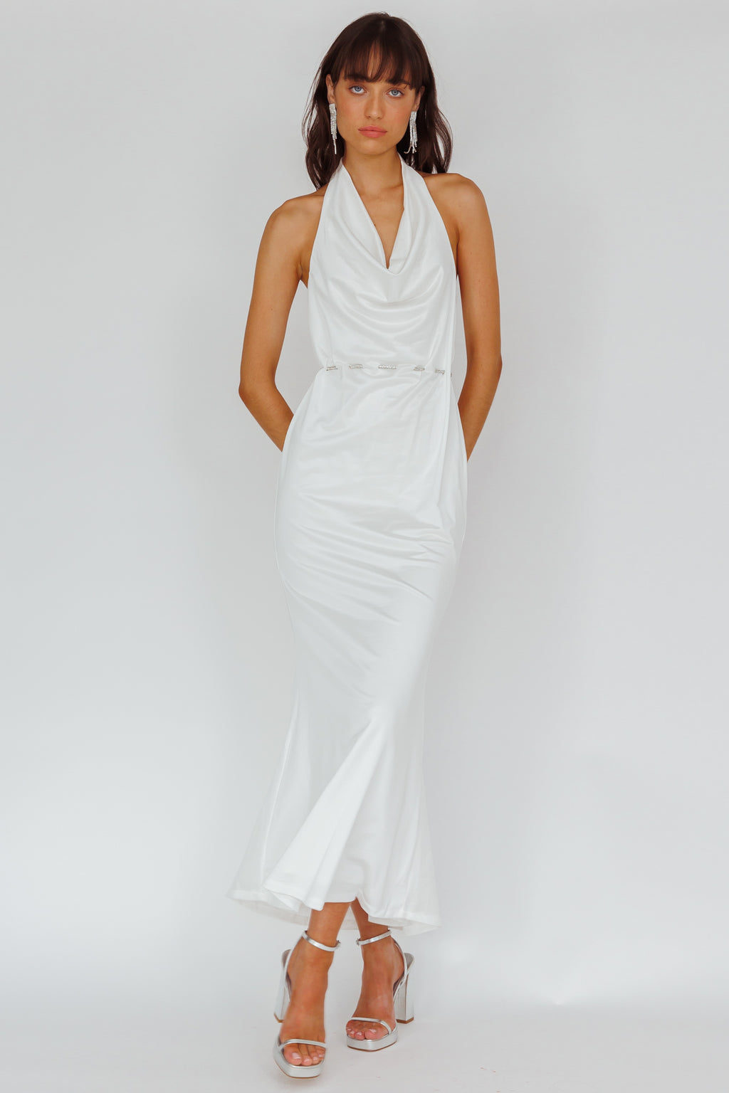 Emmi Cowl Neck Diamante Rope Dress White by Selfie Leslie