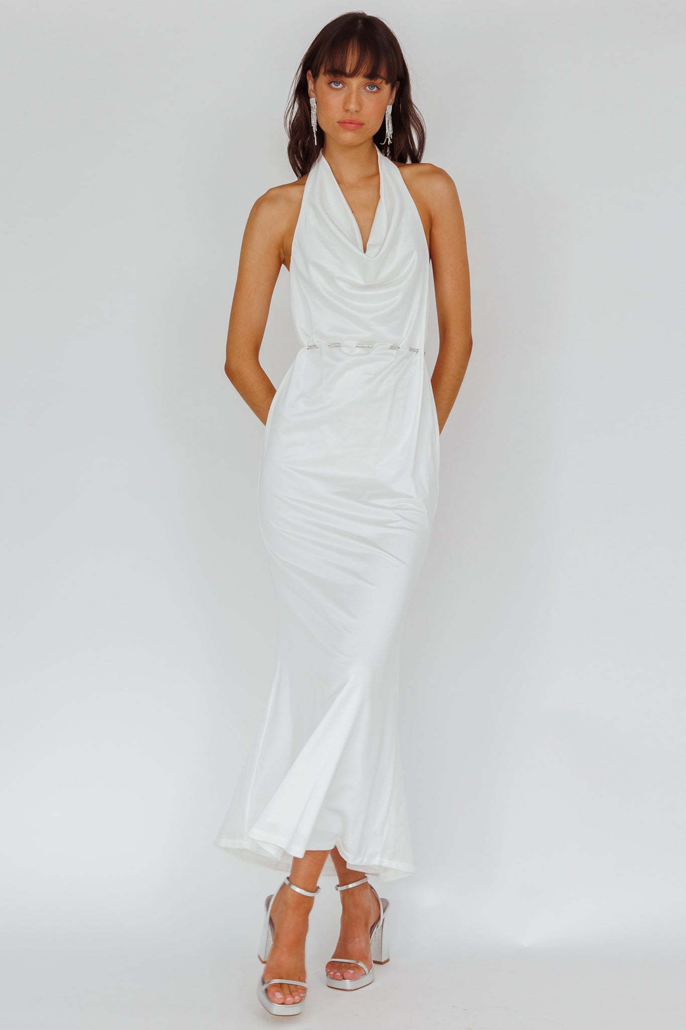 Emmi Cowl Neck Diamante Rope Dress White by Selfie Leslie