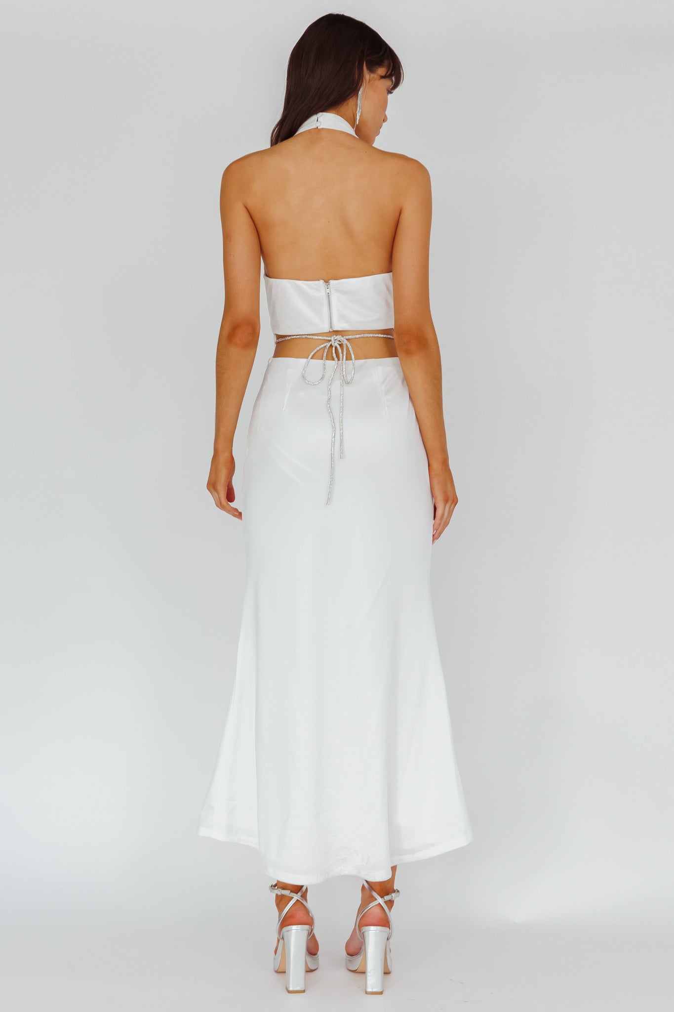 Emmi Cowl Neck Diamante Rope Dress White | Selfie Leslie