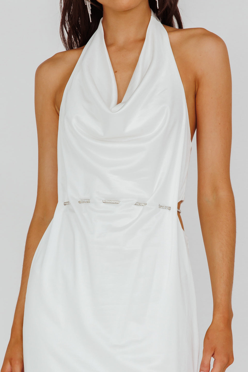 Emmi Cowl Neck Diamante Rope Dress White by Selfie Leslie