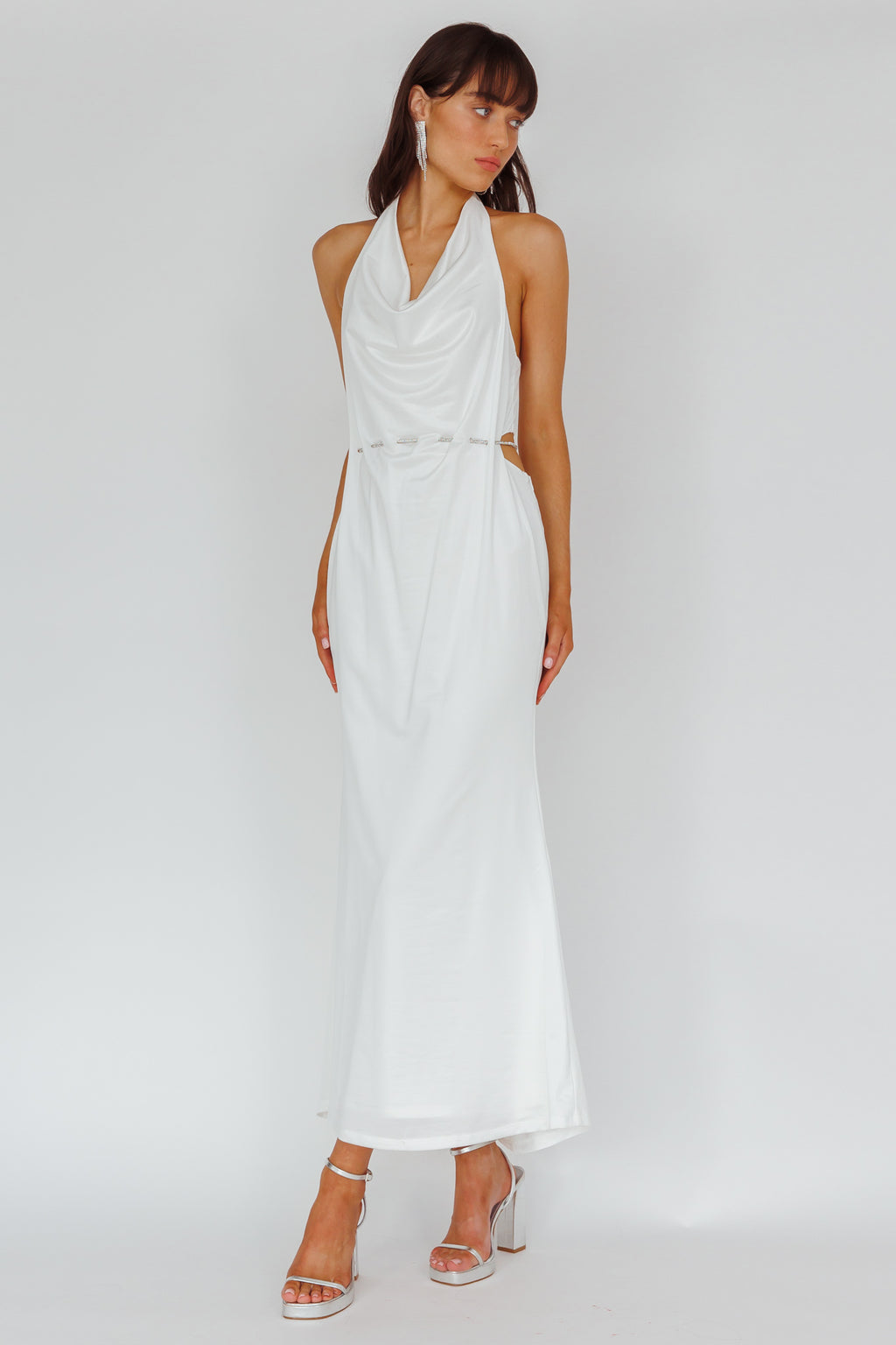 Emmi Cowl Neck Diamante Rope Dress White by Selfie Leslie