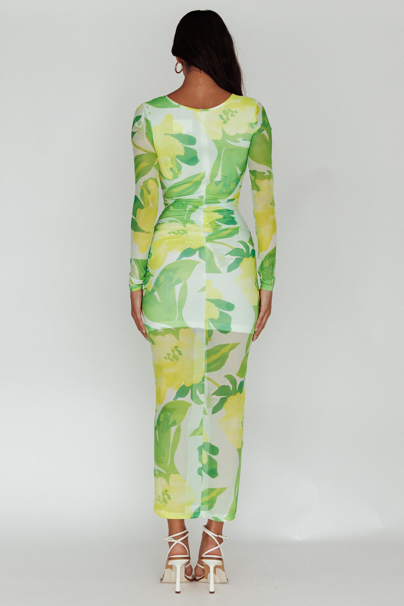 Chardae Long Sleeve Mesh Midi Dress Floral Green - XS Chardae Long Sleeve Mesh Midi Dress Floral Green - XS
