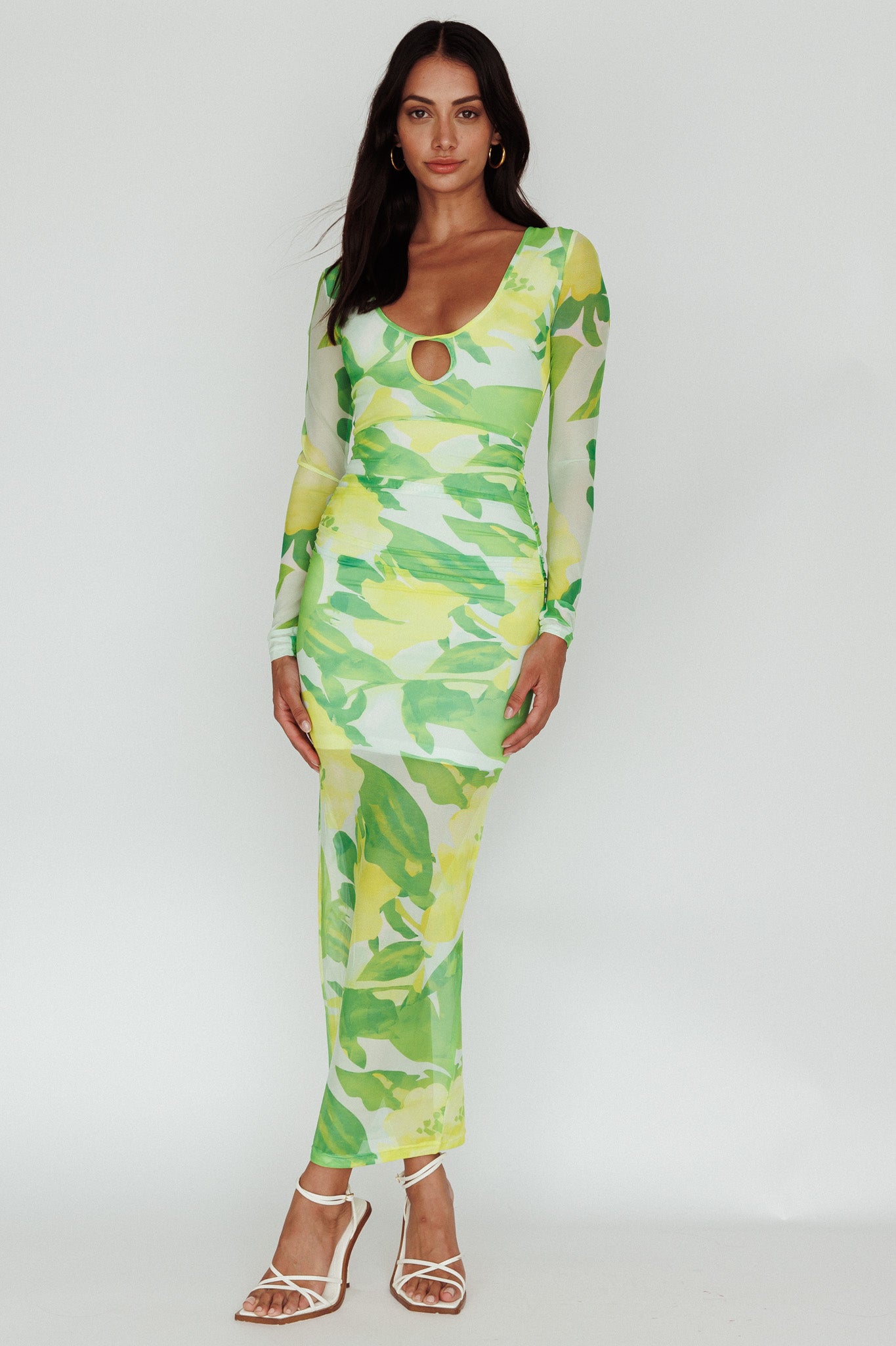 red yellow green mesh dress Chardae Long Sleeve Mesh Midi Dress Floral Green